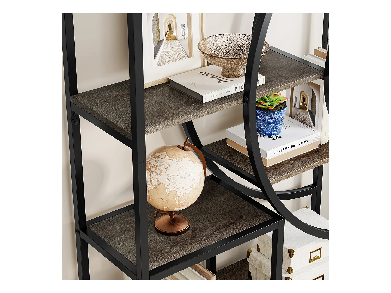 Geometryczna biblioteczka, 8-poziomowe półki industrialne, rustykalna biblioteczka z metalową ramą (szara, 1 szt.)