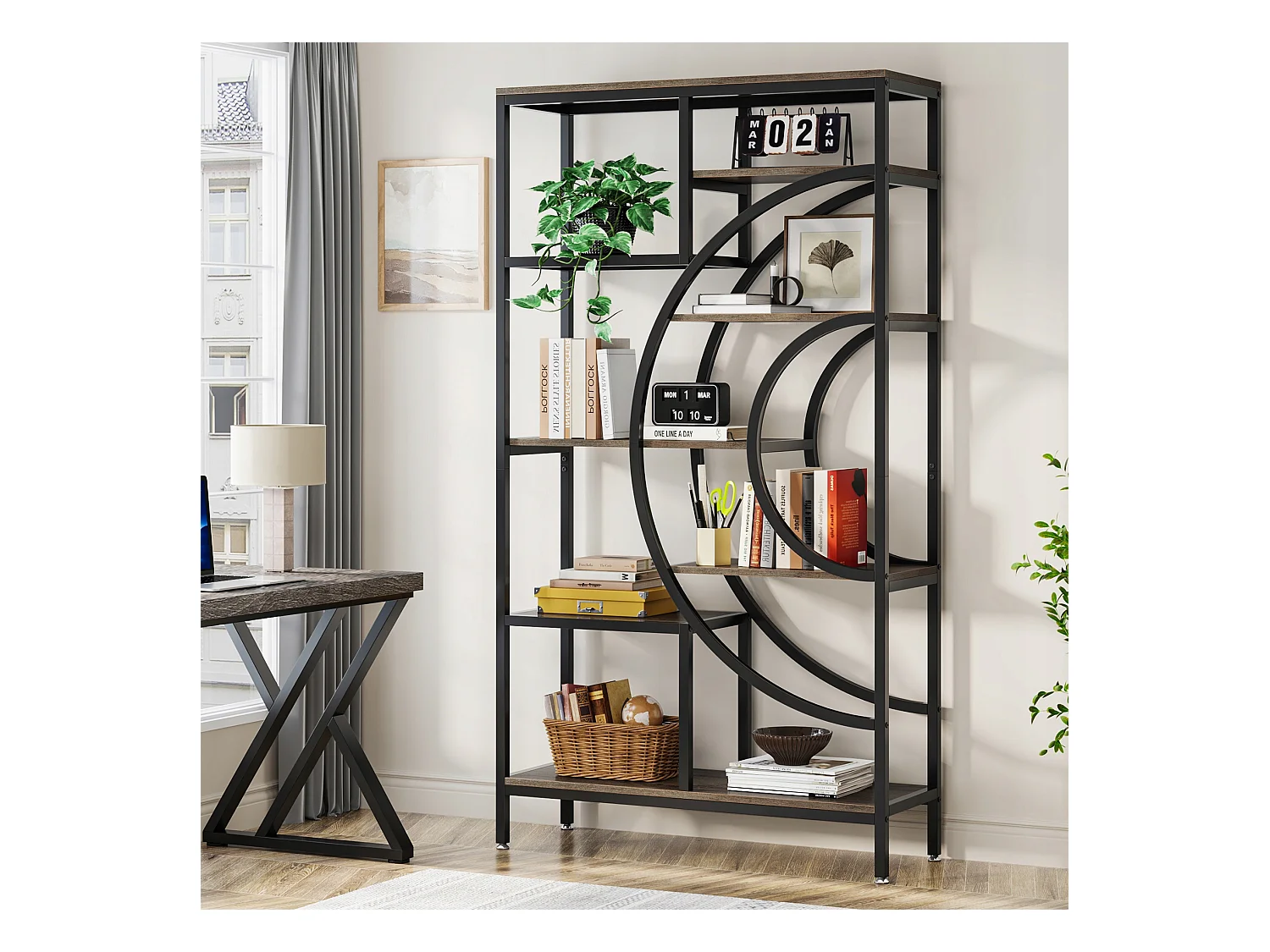 Geometryczna biblioteczka, 8-poziomowe półki industrialne, rustykalna biblioteczka z metalową ramą (szara, 1 szt.)