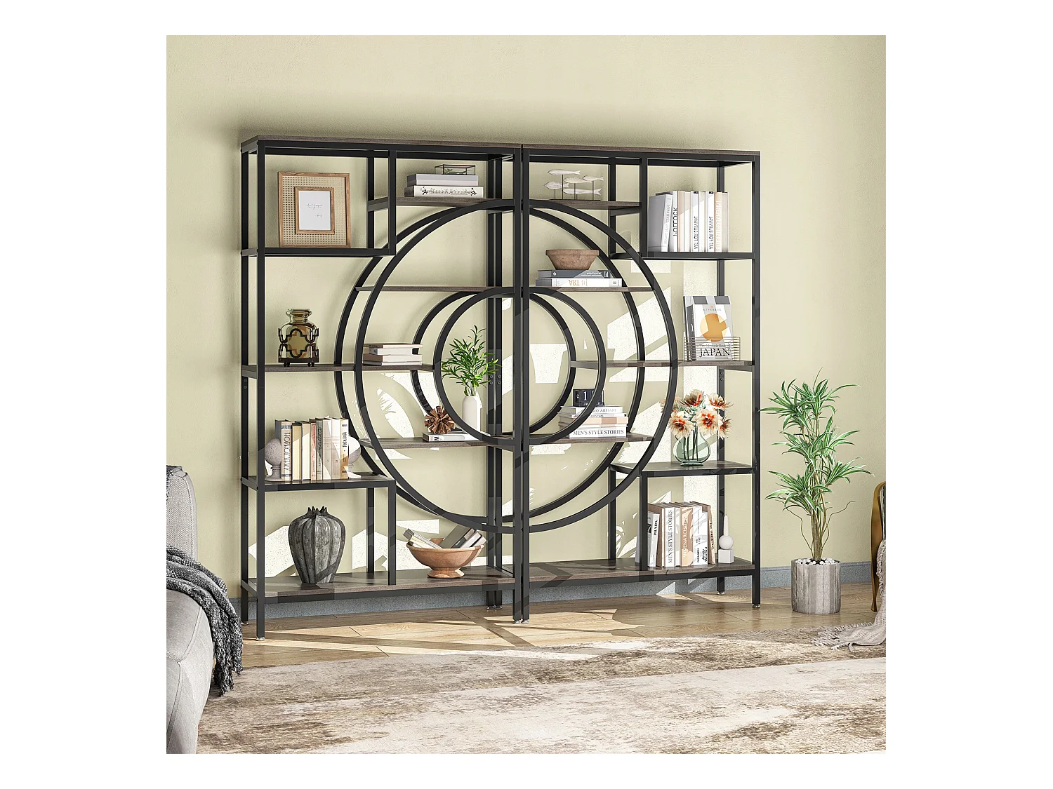 Geometryczna biblioteczka, 8-poziomowe półki industrialne, rustykalna biblioteczka z metalową ramą (szara, 1 szt.)