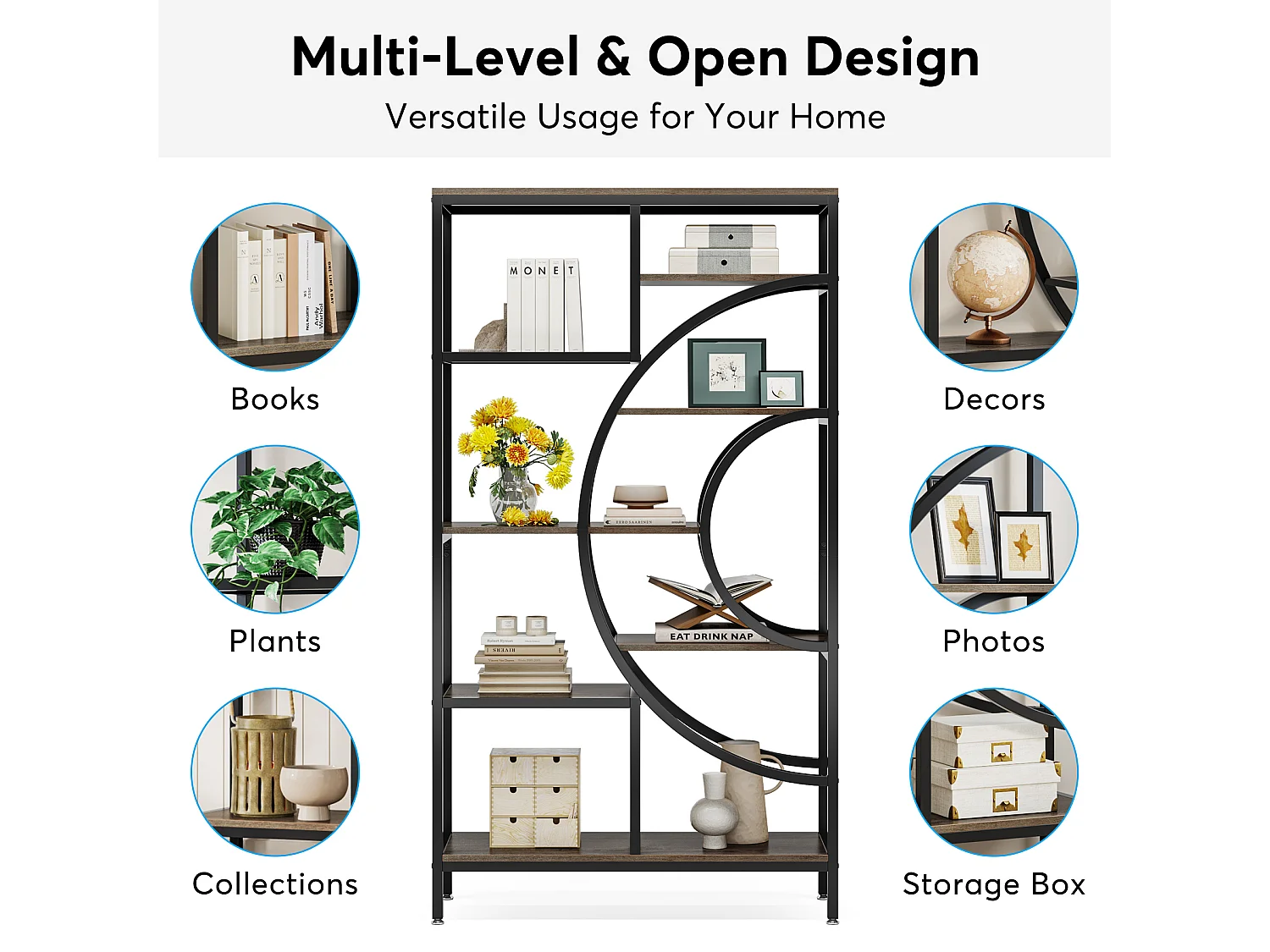 Geometrische boekenkast, industriële planken met 8 niveaus, rustieke boekenkast met metalen frame (grijs, 1)