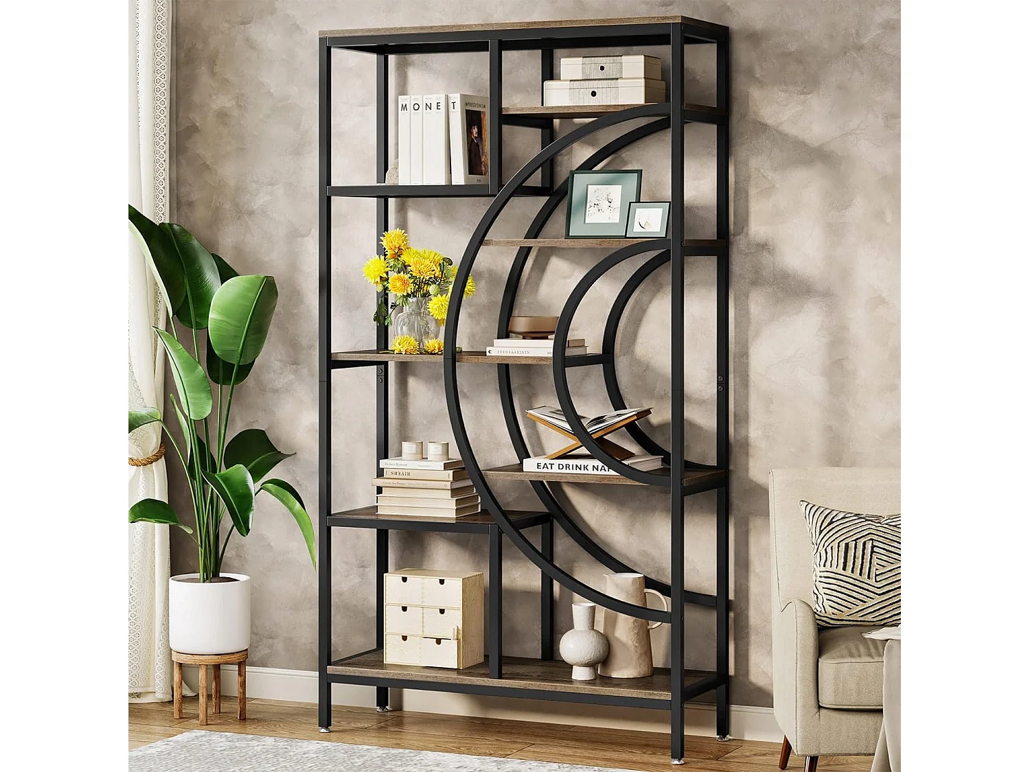 Geometrische boekenkast, industriële planken met 8 niveaus, rustieke boekenkast met metalen frame (grijs, 1)