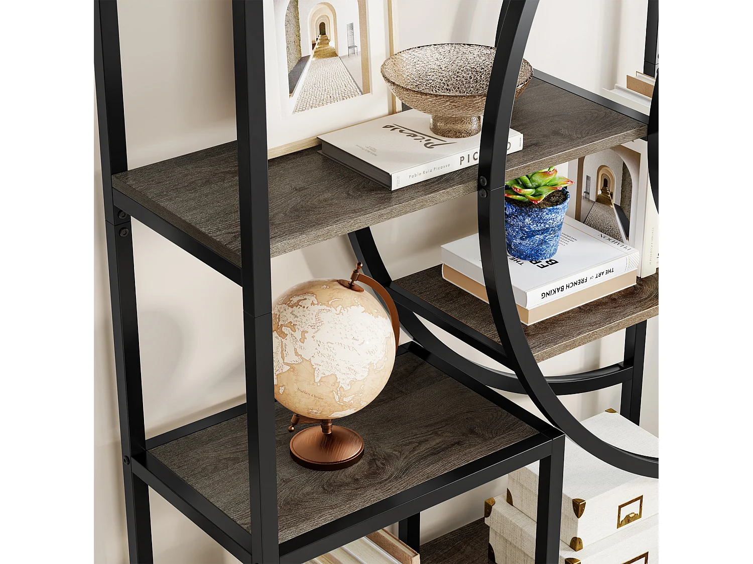 Geometrische boekenkast, industriële planken met 8 niveaus, rustieke boekenkast met metalen frame (grijs, 1)