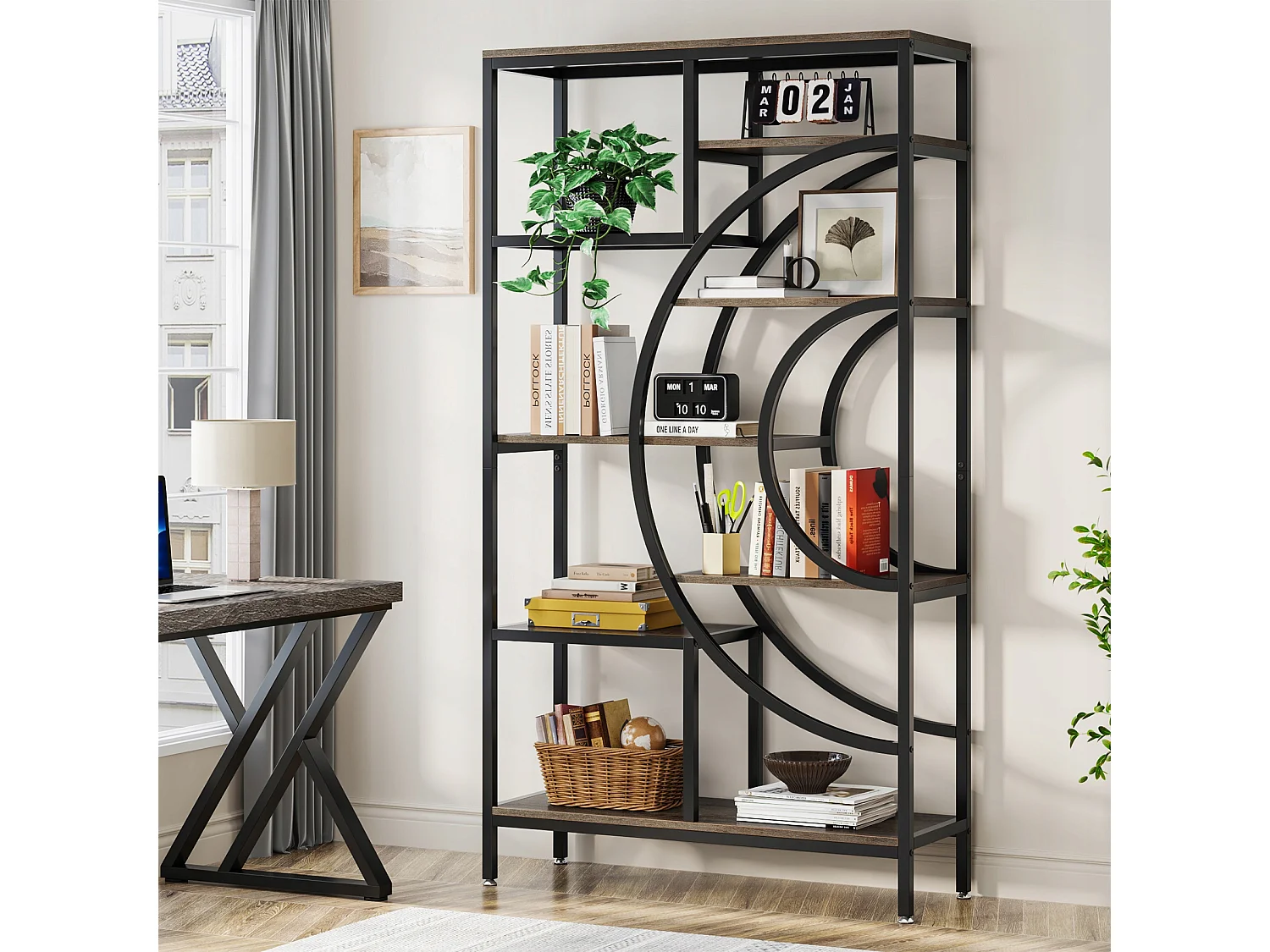 Geometrische boekenkast, industriële planken met 8 niveaus, rustieke boekenkast met metalen frame (grijs, 1)