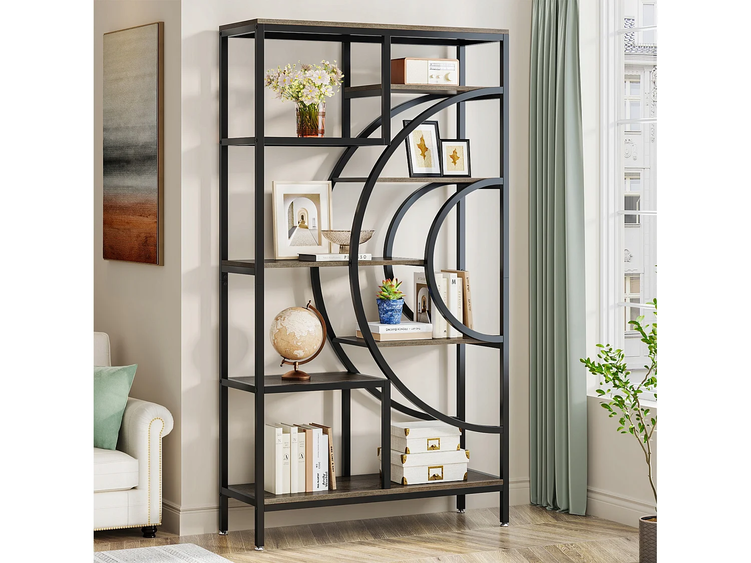 Geometrische boekenkast, industriële planken met 8 niveaus, rustieke boekenkast met metalen frame (grijs, 1)