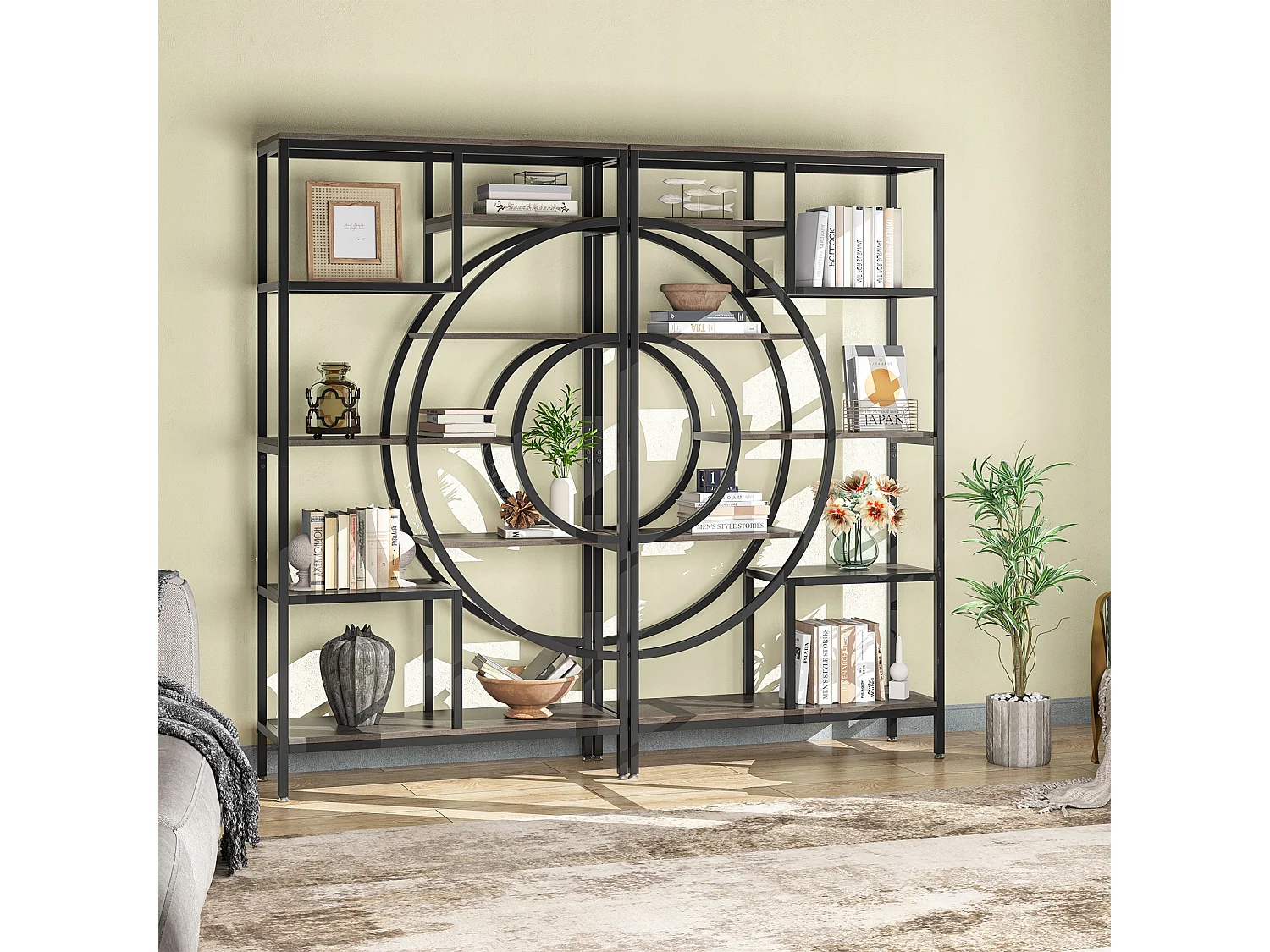 Geometrische boekenkast, industriële planken met 8 niveaus, rustieke boekenkast met metalen frame (grijs, 1)