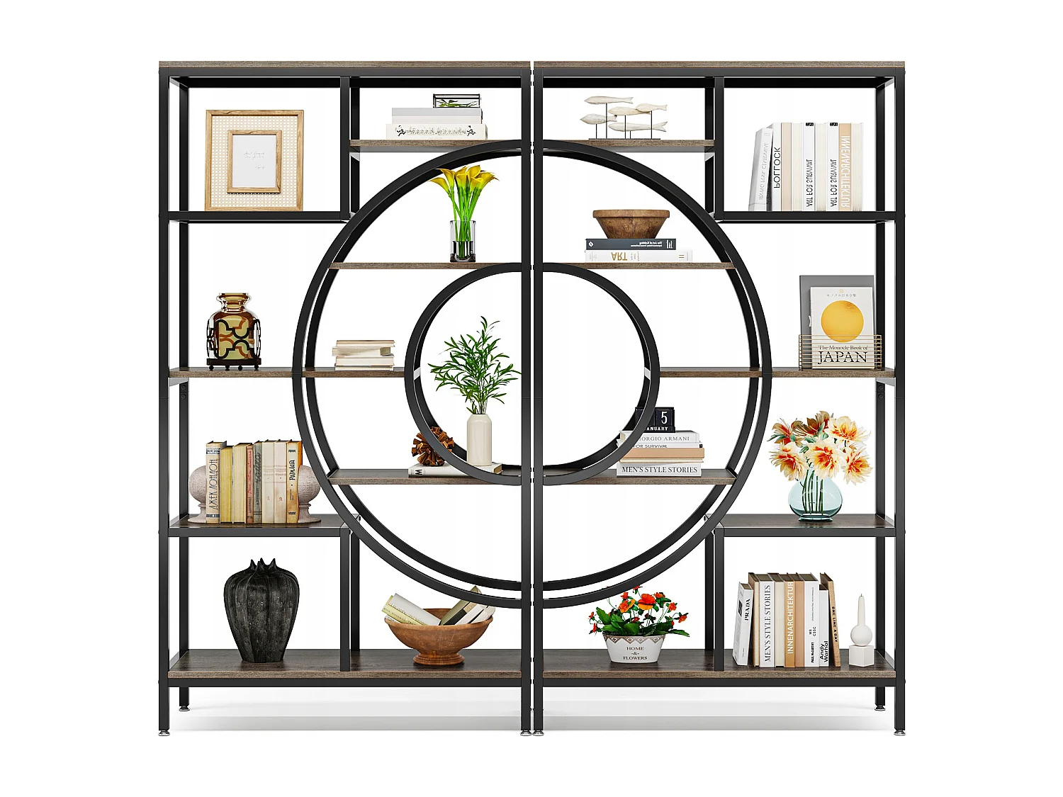 Geometrische boekenkast, industriële planken met 8 niveaus, rustieke boekenkast met metalen frame (grijs, 1)