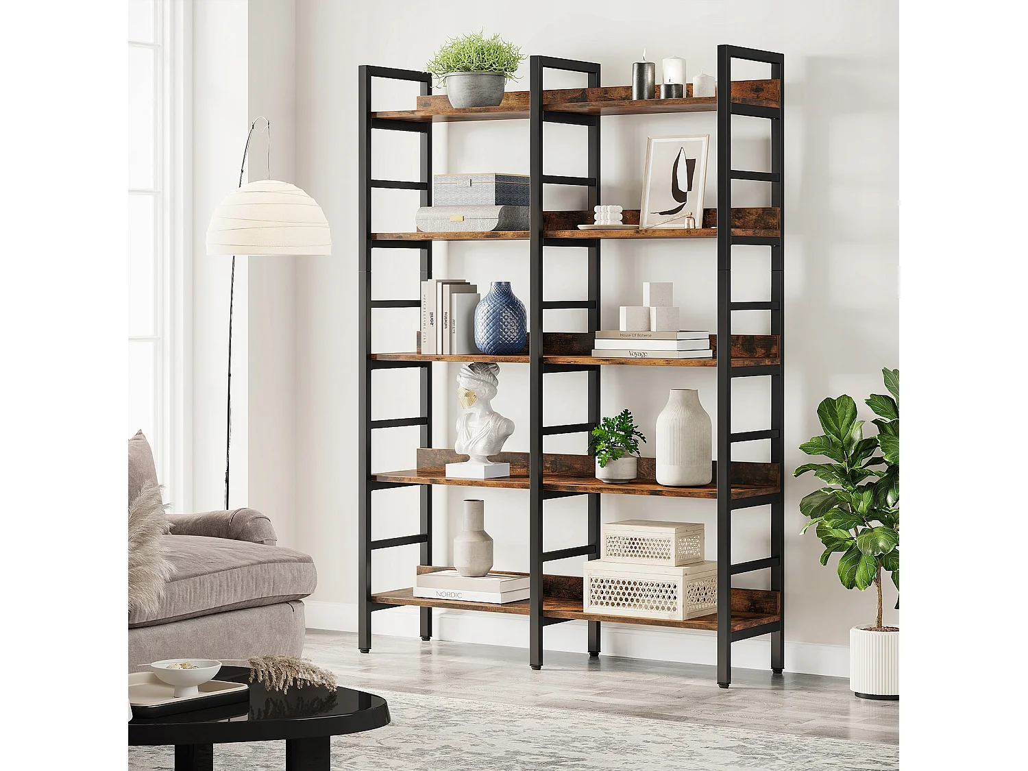 Bibliothèque, Étagère de Bureau à 5 Niveaux, Étagère sur Pied, Bibliothèque Ouverte, Grande, Style Industriel, 180 x 80 x 30 cm