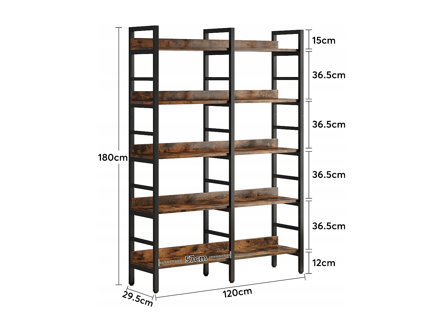Bibliothèque, Étagère de Bureau à 5 Niveaux, Étagère sur Pied, Bibliothèque Ouverte, Grande, Style Industriel, 180 x 80 x 30 cm