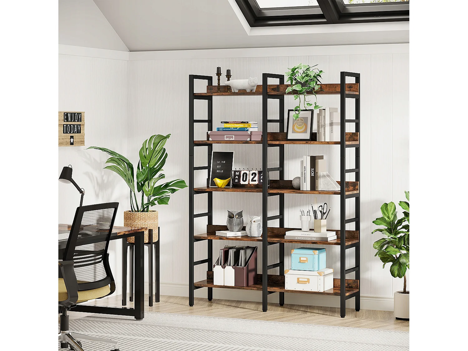 Bibliothèque, Étagère de Bureau à 5 Niveaux, Étagère sur Pied, Bibliothèque Ouverte, Grande, Style Industriel, 180 x 80 x 30 cm