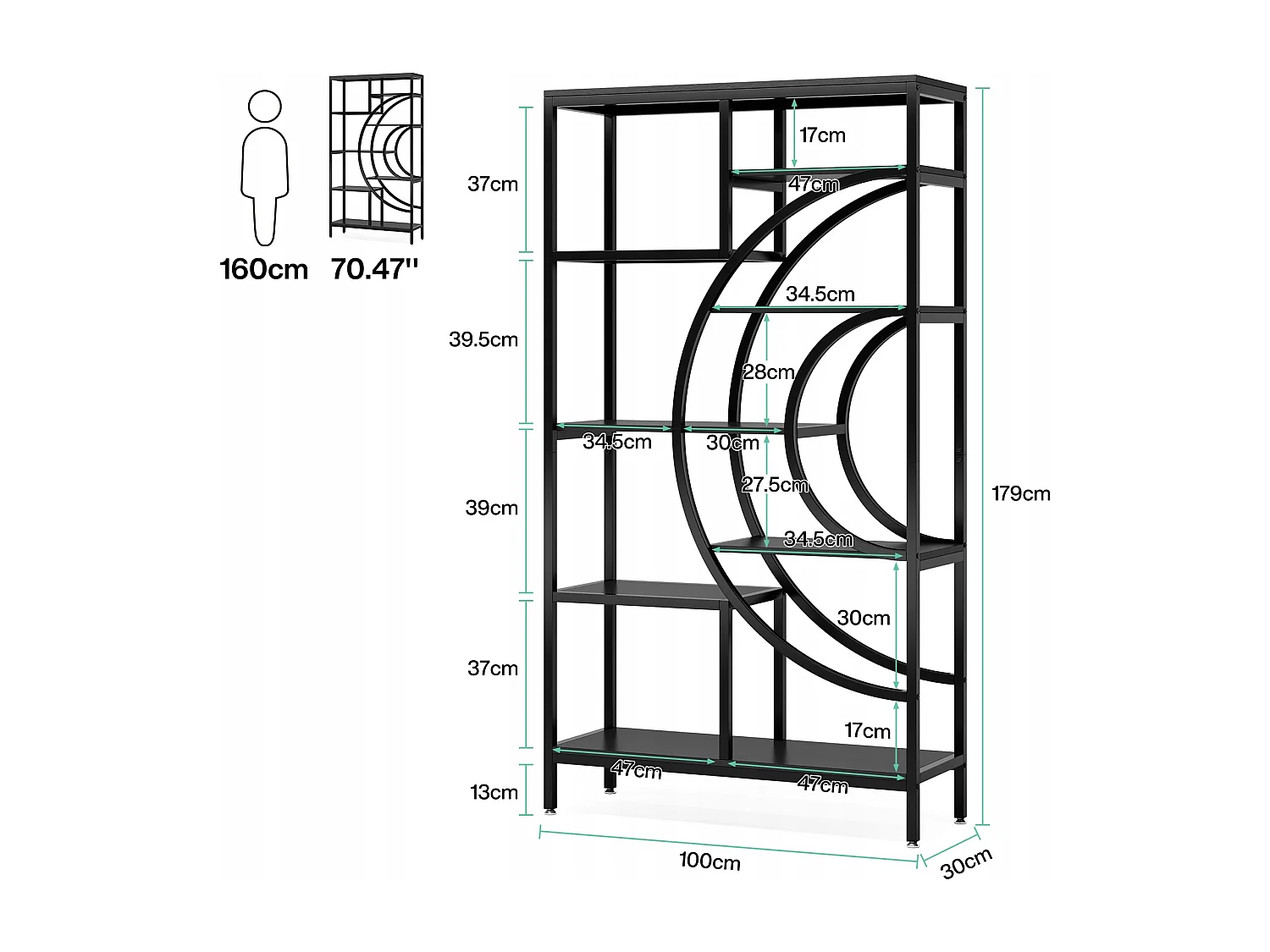 Bibliothèque géométrique, étagères industrielles à 8 Niveaux, bibliothèque Rustique avec Cadre en méta (Noir, 1)