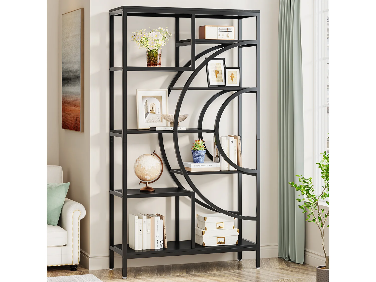 Bibliothèque géométrique, étagères industrielles à 8 Niveaux, bibliothèque Rustique avec Cadre en méta (Noir, 1)