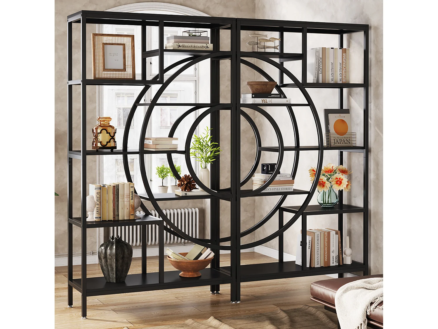 Bibliothèque géométrique, étagères industrielles à 8 Niveaux, bibliothèque Rustique avec Cadre en méta (Noir, 1)