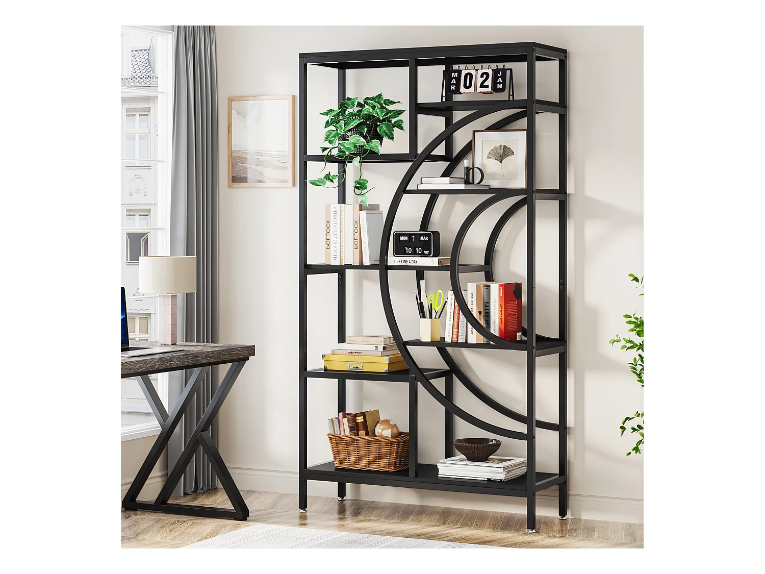Geometrische Bibliothek, Industriewandregale mit 8 Etagen, Rustikale Bibliothek mit Metallrahmen (Schwarz, 1)