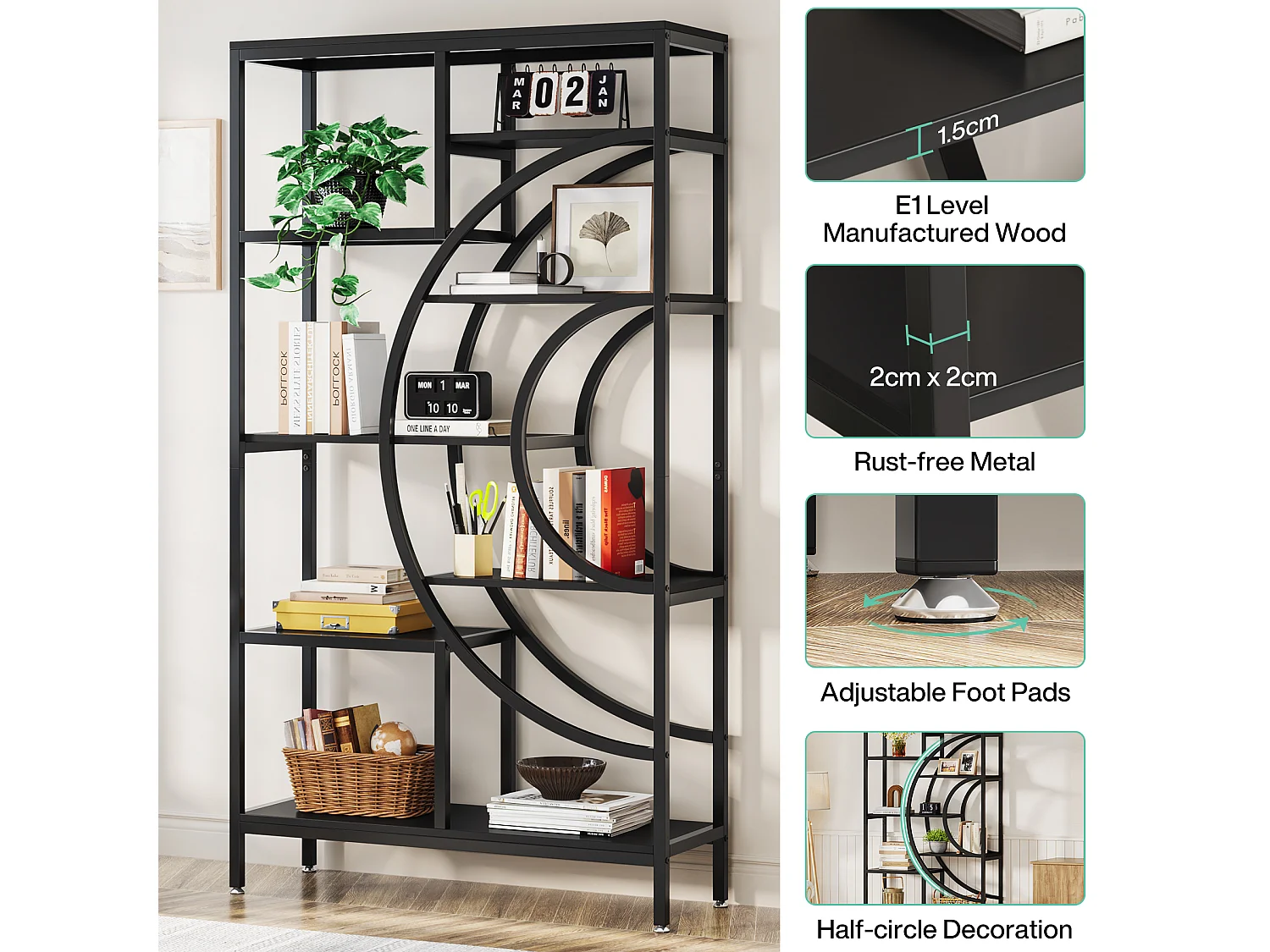 Bibliothèque géométrique, étagères industrielles à 8 Niveaux, bibliothèque Rustique avec Cadre en méta (Noir, 1)