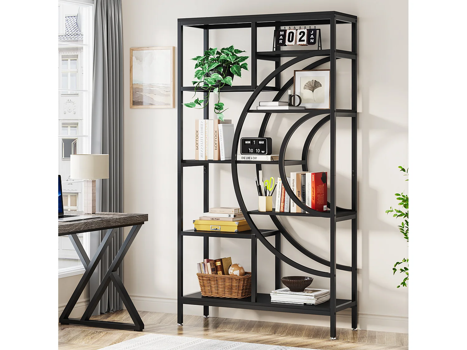 Bibliothèque géométrique, étagères industrielles à 8 Niveaux, bibliothèque Rustique avec Cadre en méta (Noir, 1)