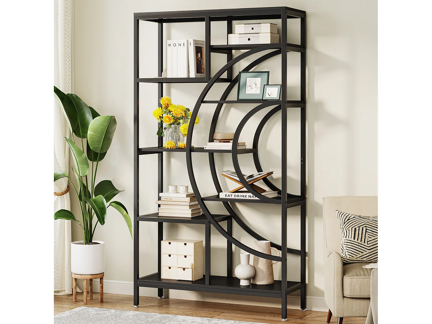 Bibliothèque géométrique, étagères industrielles à 8 Niveaux, bibliothèque Rustique avec Cadre en méta (Noir, 1)