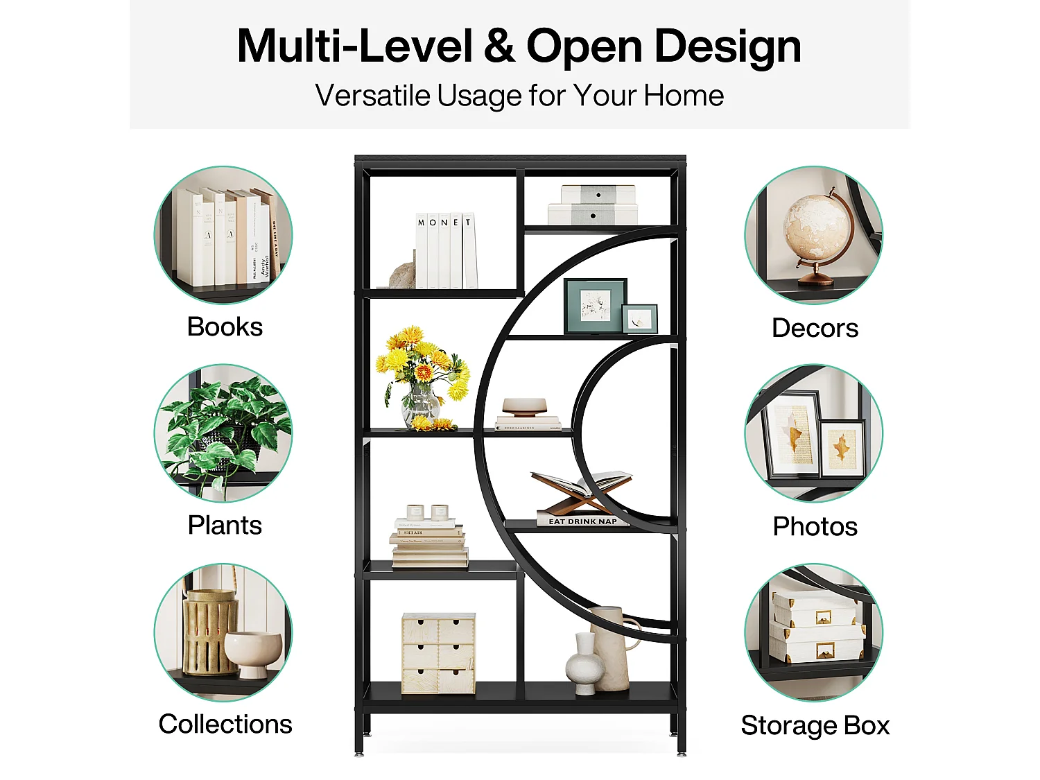 Bibliothèque géométrique, étagères industrielles à 8 Niveaux, bibliothèque Rustique avec Cadre en méta (Noir, 1)