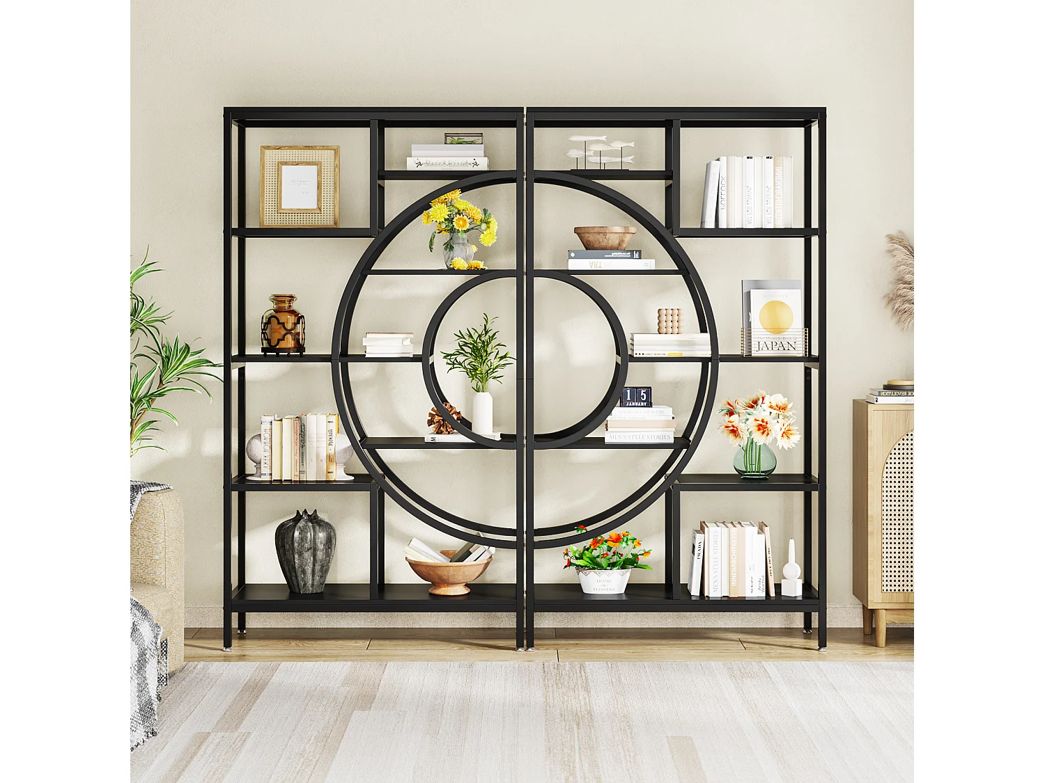 Bibliothèque géométrique, étagères industrielles à 8 Niveaux, bibliothèque Rustique avec Cadre en méta (Noir, 1)