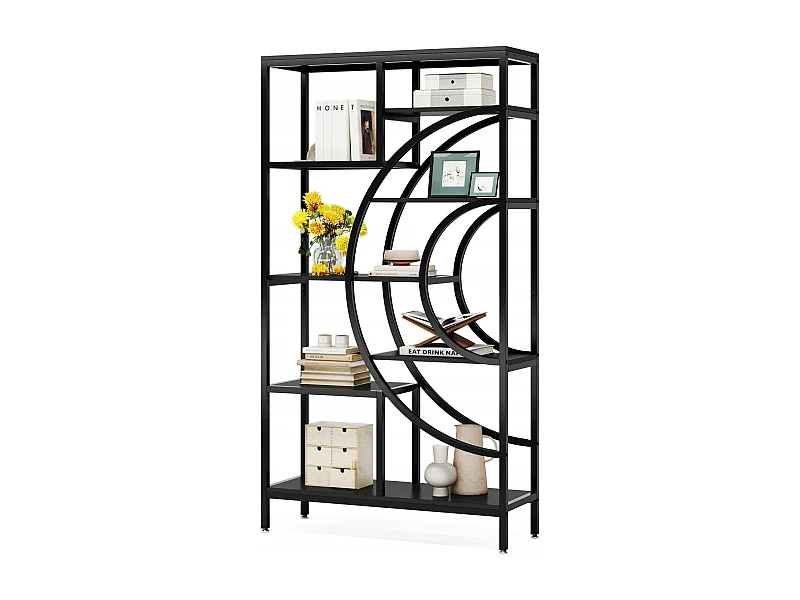 Bibliothèque géométrique, étagères industrielles à 8 Niveaux, bibliothèque Rustique avec Cadre en méta (Noir, 1)