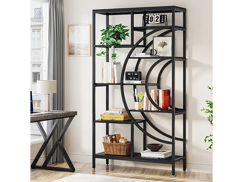 Geometrische boekenkast, industriële planken met 8 niveaus, rustieke boekenkast met metalen frame (zwart, 1)