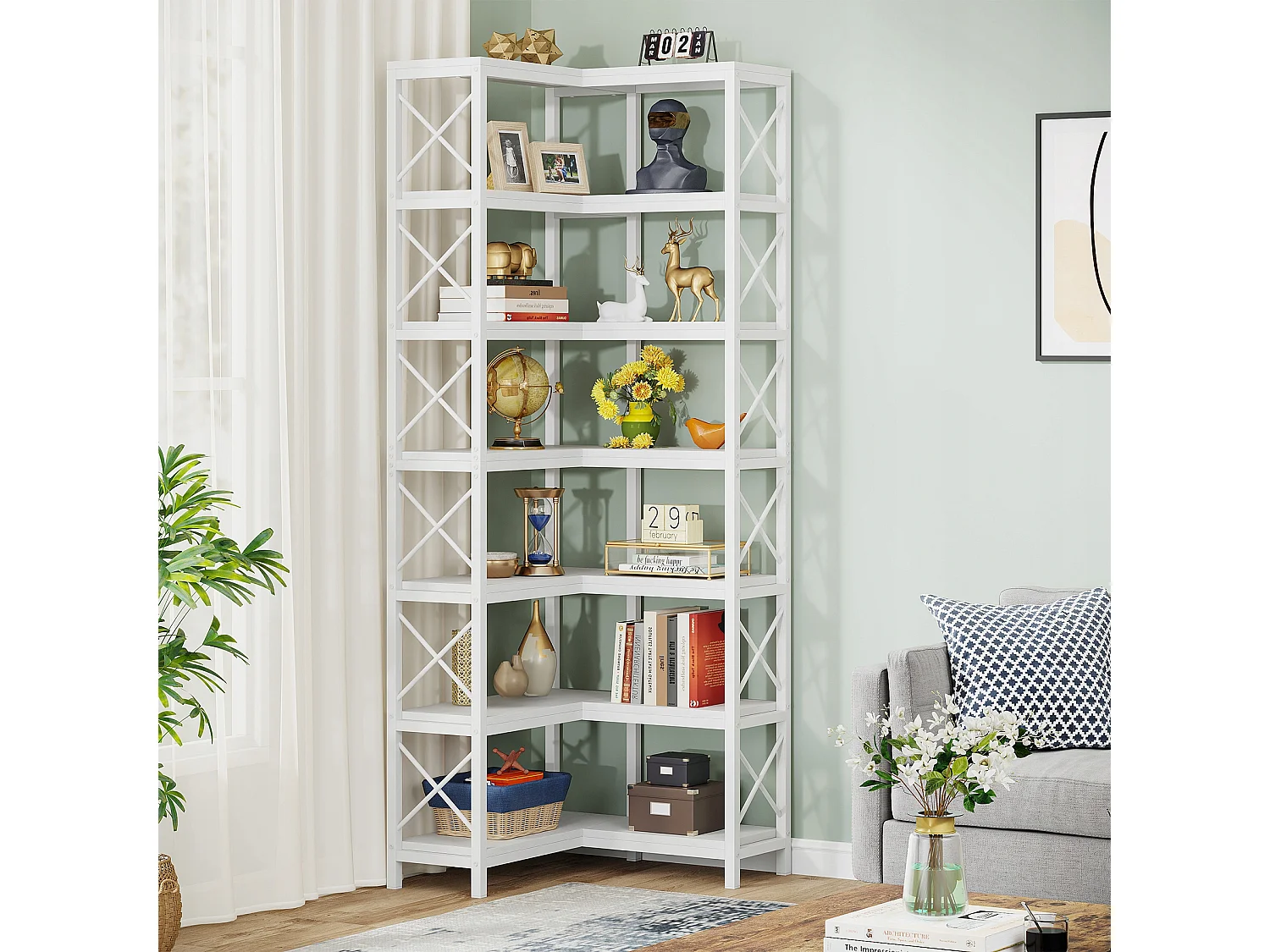 Grande bibliothèque d'angle moderne à 7 étagères avec cadre en métal pour salon, maison et bureau (blanc)