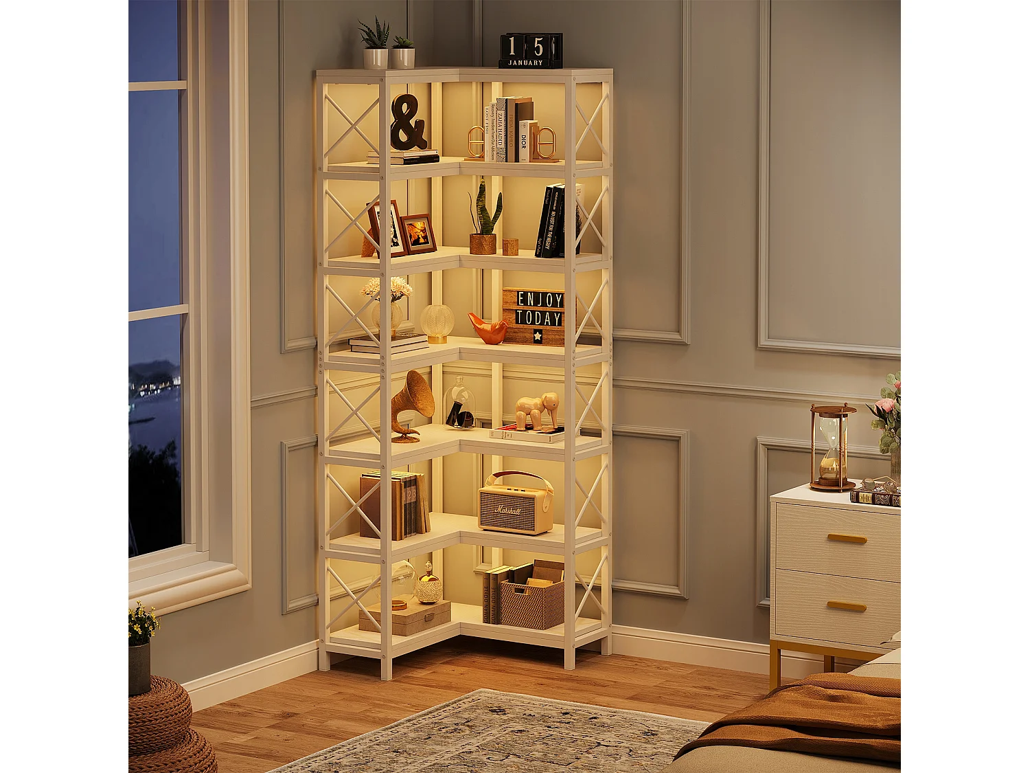 Grande bibliothèque d'angle moderne à 7 étagères avec cadre en métal pour salon, maison et bureau (blanc)