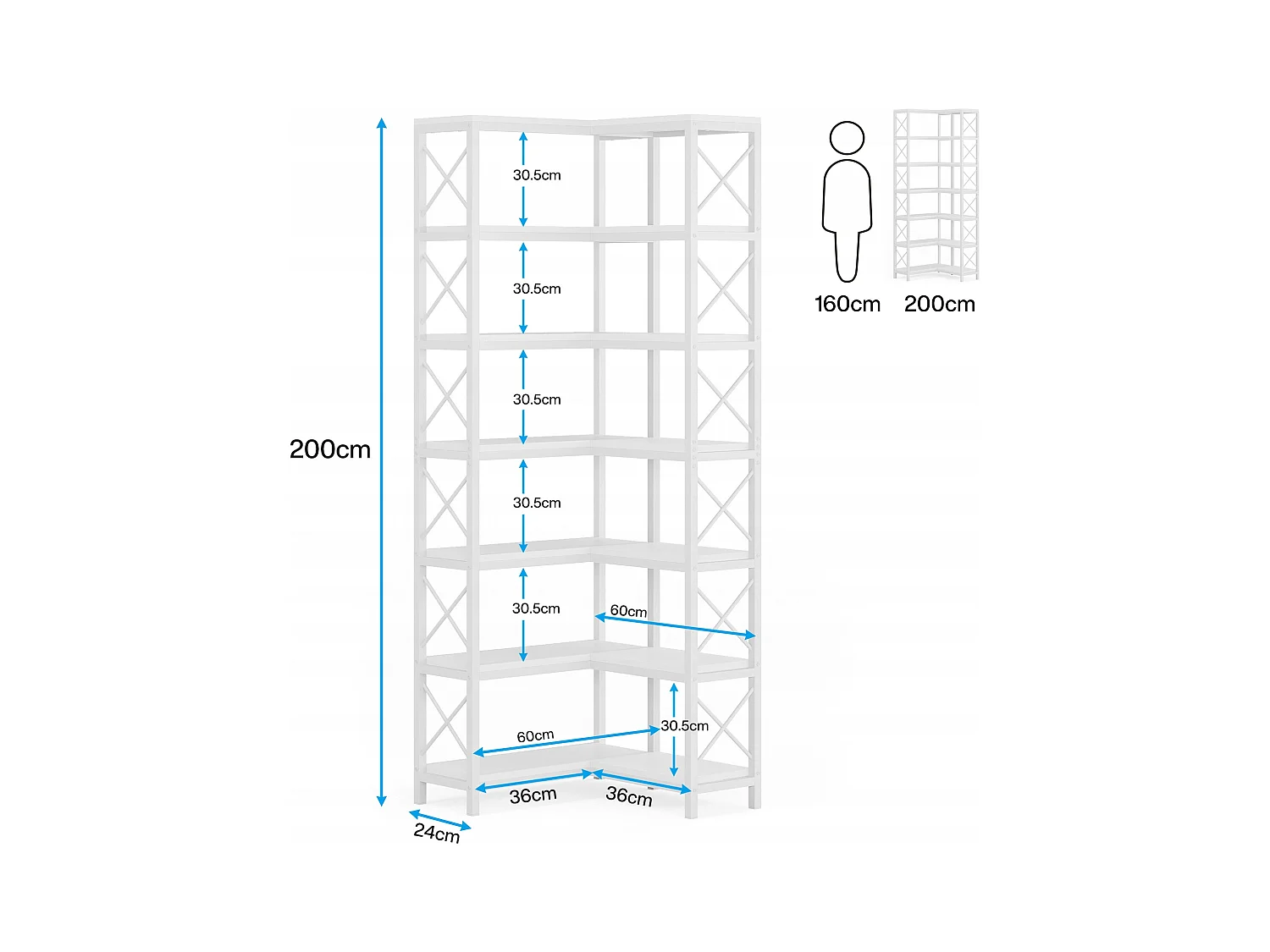 Nowoczesny, duży regał narożny z 7 półkami i metalową ramą do salonu, domu i biura (biały)