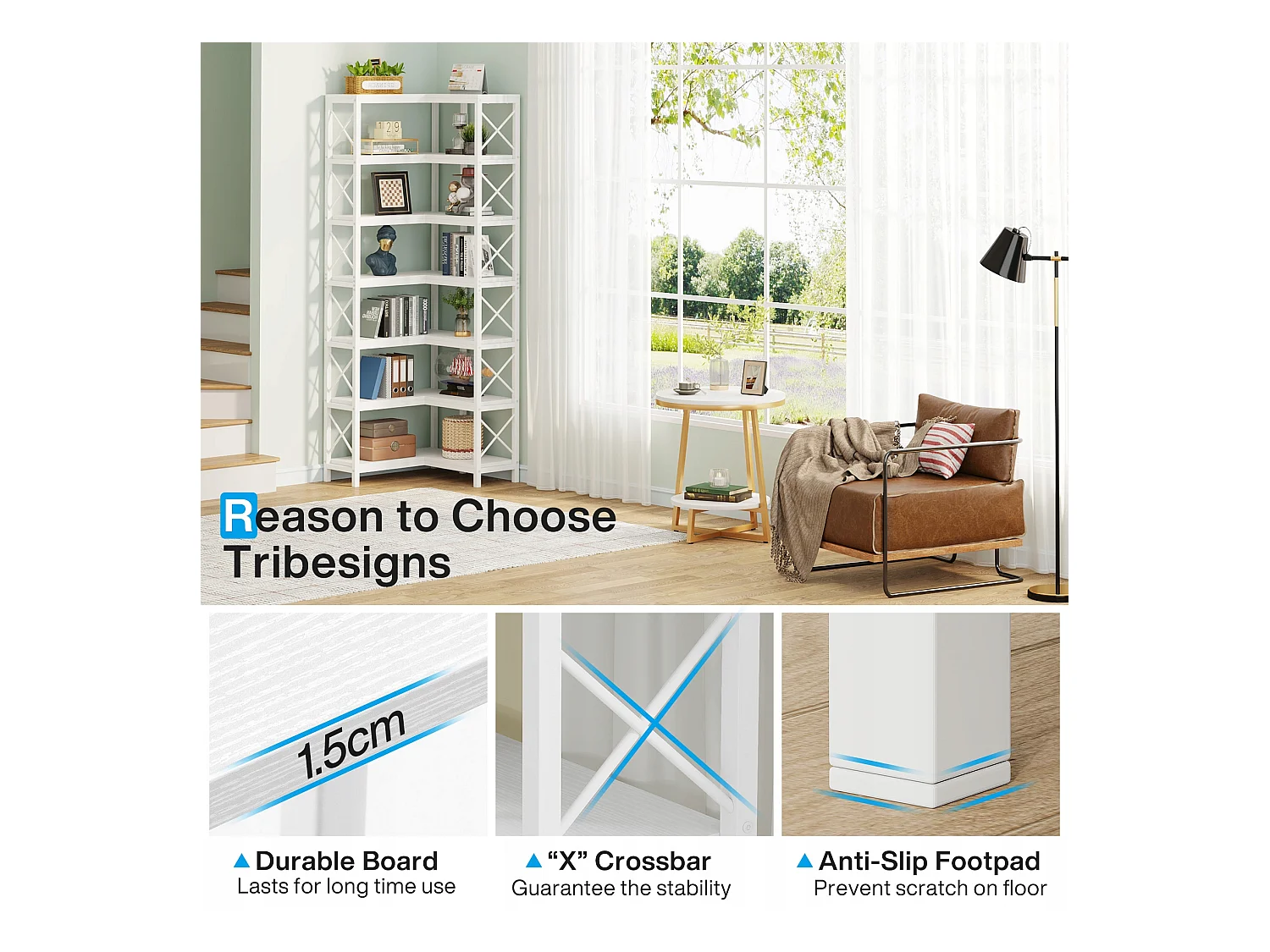 Nowoczesny, duży regał narożny z 7 półkami i metalową ramą do salonu, domu i biura (biały)