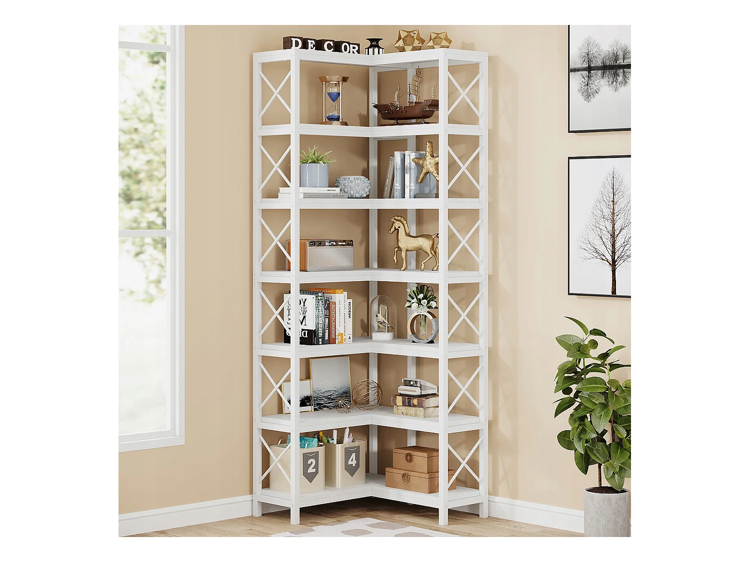 Nowoczesny, duży regał narożny z 7 półkami i metalową ramą do salonu, domu i biura (biały)