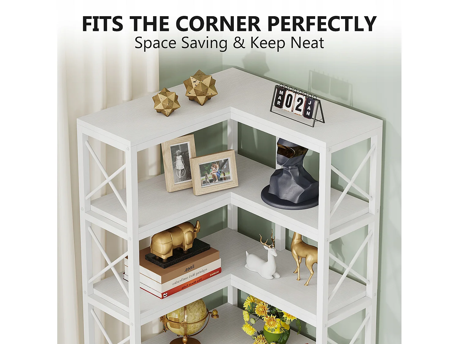 Nowoczesny, duży regał narożny z 7 półkami i metalową ramą do salonu, domu i biura (biały)