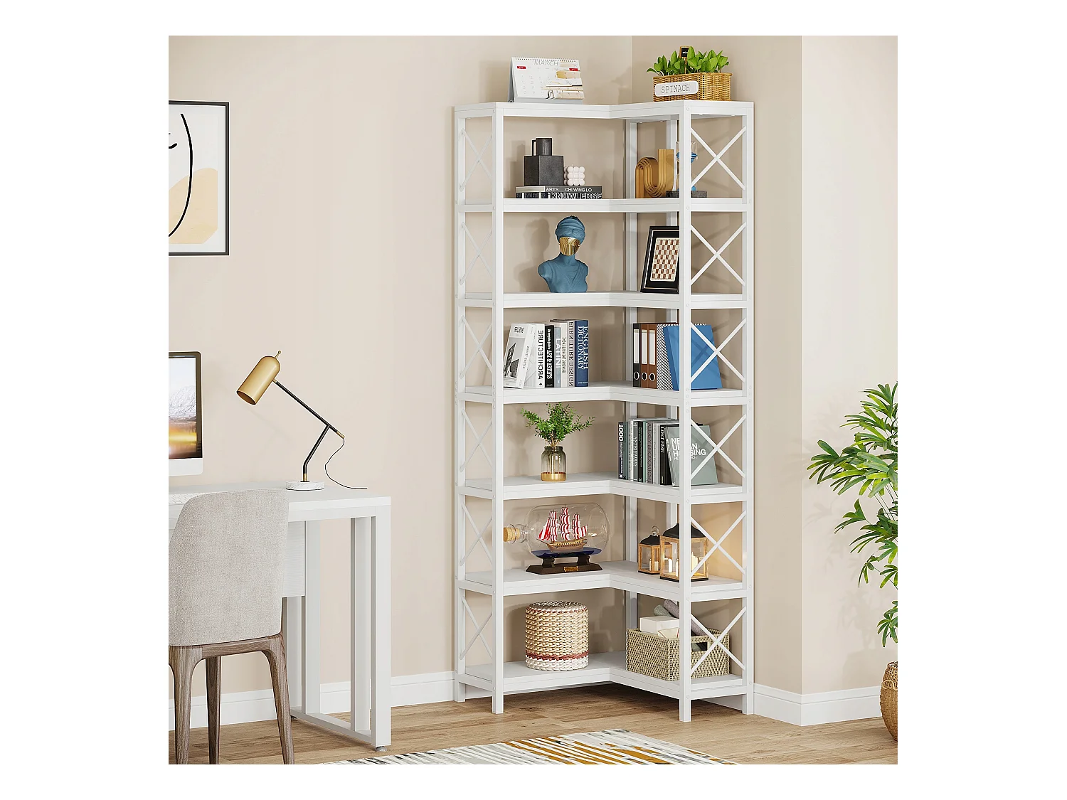 Nowoczesny, duży regał narożny z 7 półkami i metalową ramą do salonu, domu i biura (biały)