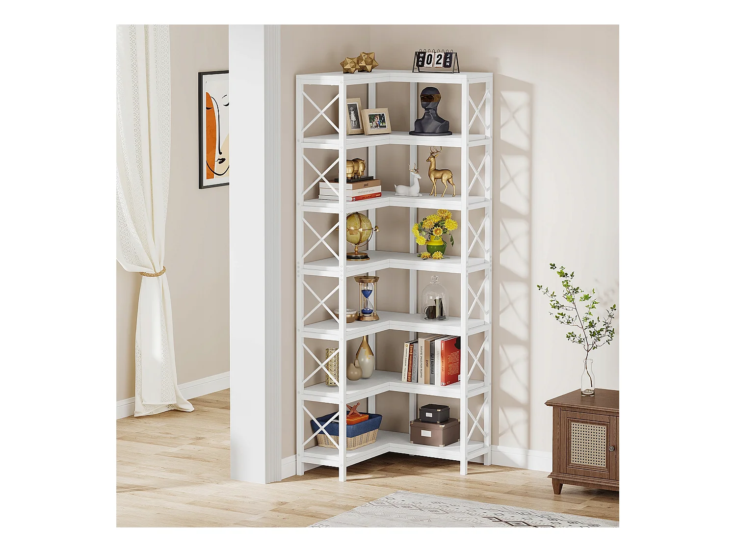 Nowoczesny, duży regał narożny z 7 półkami i metalową ramą do salonu, domu i biura (biały)