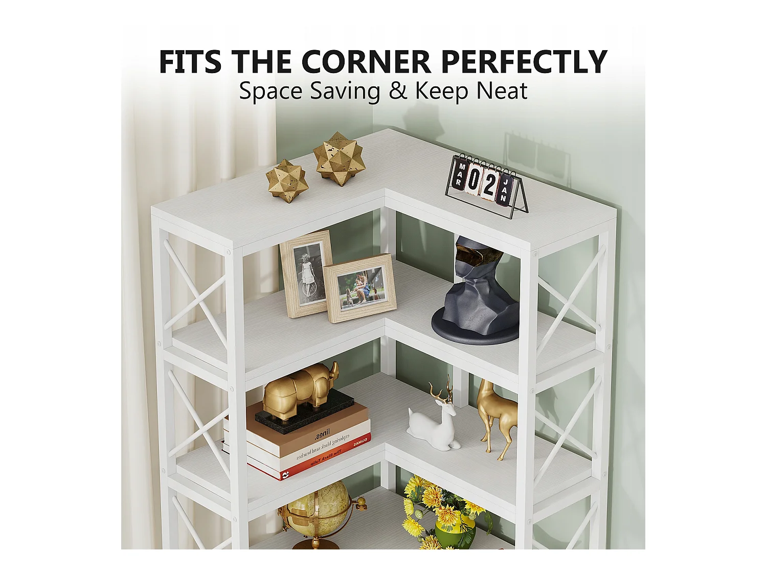 Nowoczesny, duży regał narożny z 7 półkami i metalową ramą do salonu, domu i biura (biały)