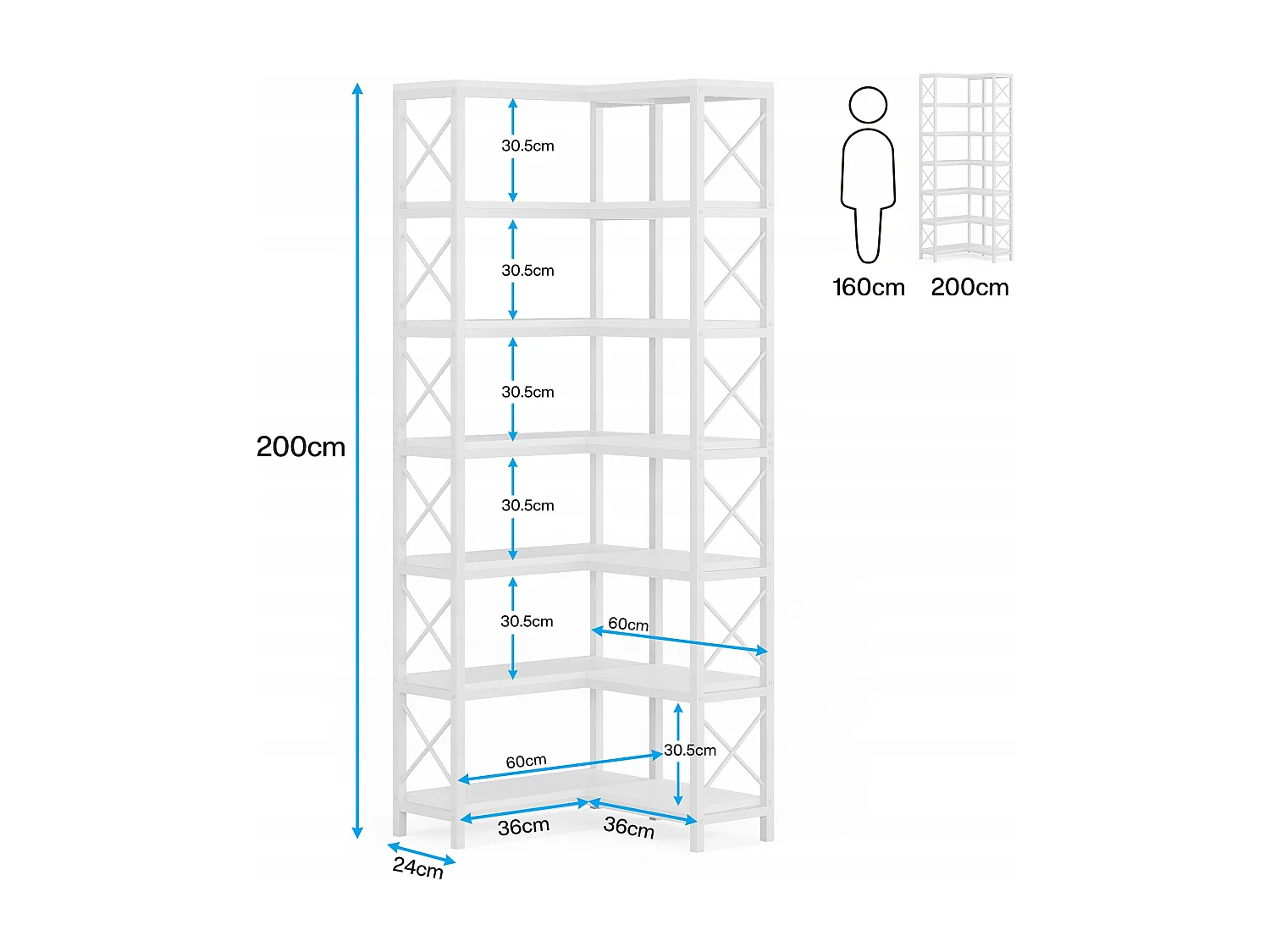 Libreria angolare moderna a 7 ripiani con struttura in metallo per soggiorno, casa e ufficio (bianca)
