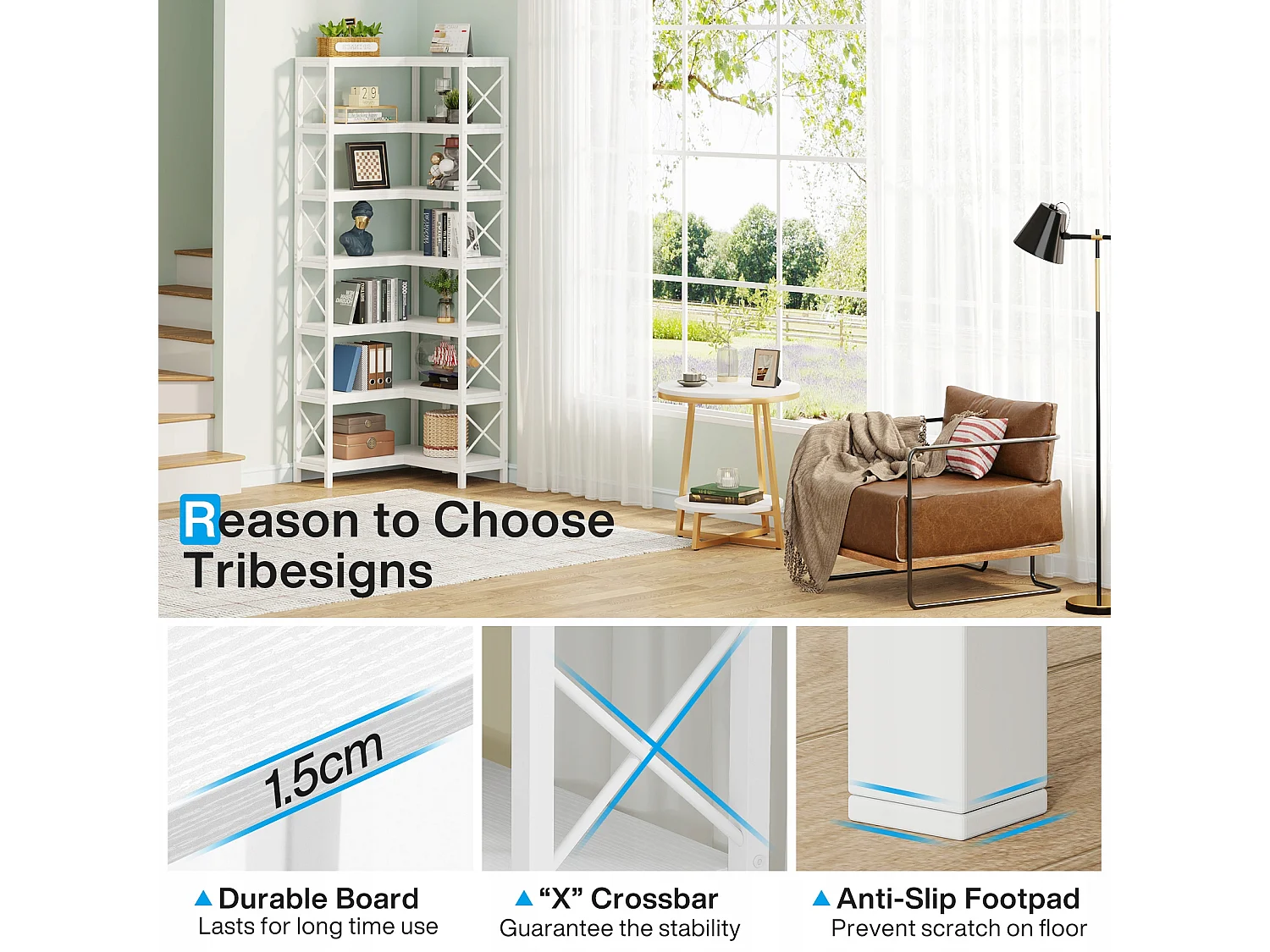 Libreria angolare moderna a 7 ripiani con struttura in metallo per soggiorno, casa e ufficio (bianca)