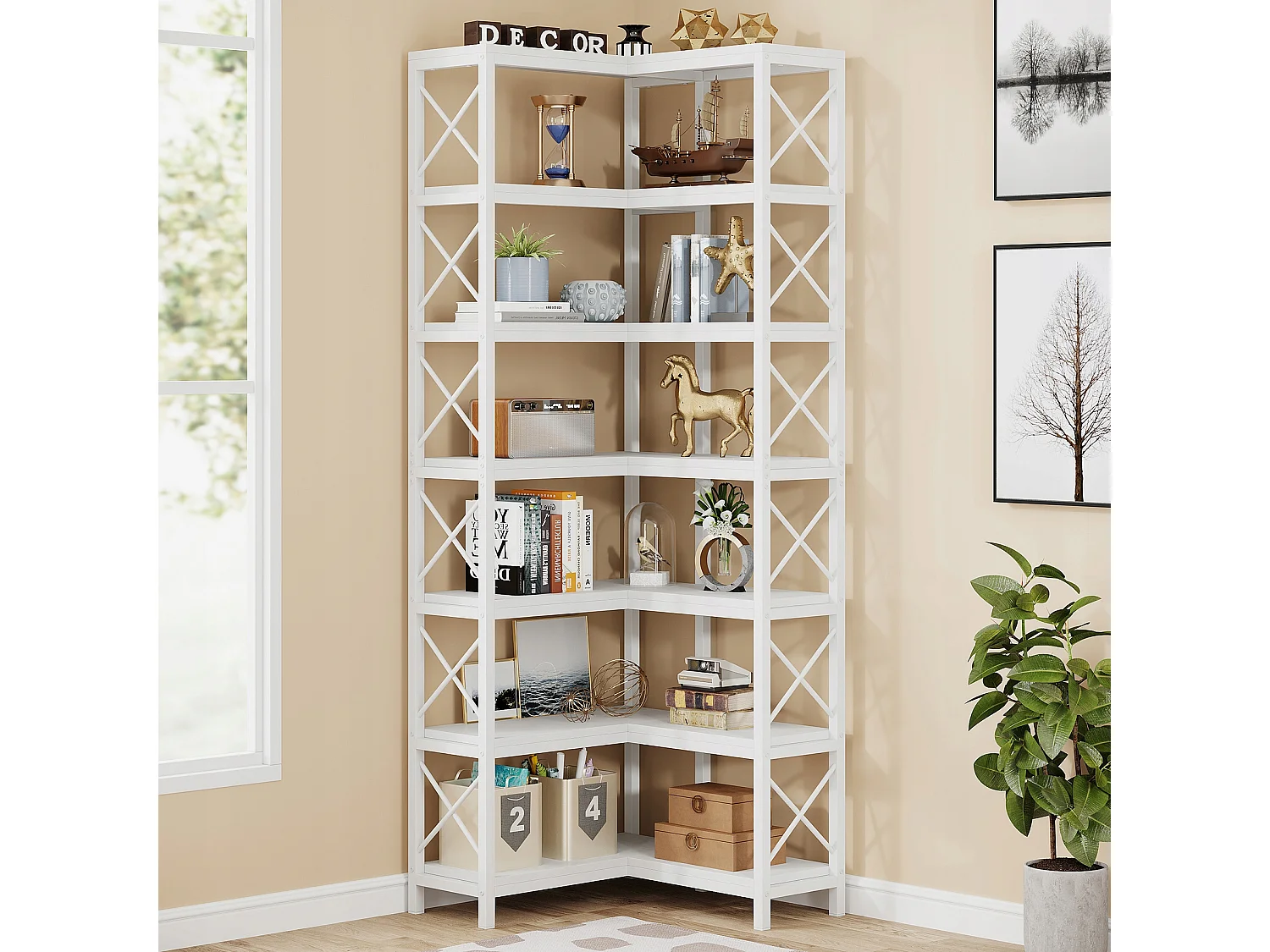 Libreria angolare moderna a 7 ripiani con struttura in metallo per soggiorno, casa e ufficio (bianca)