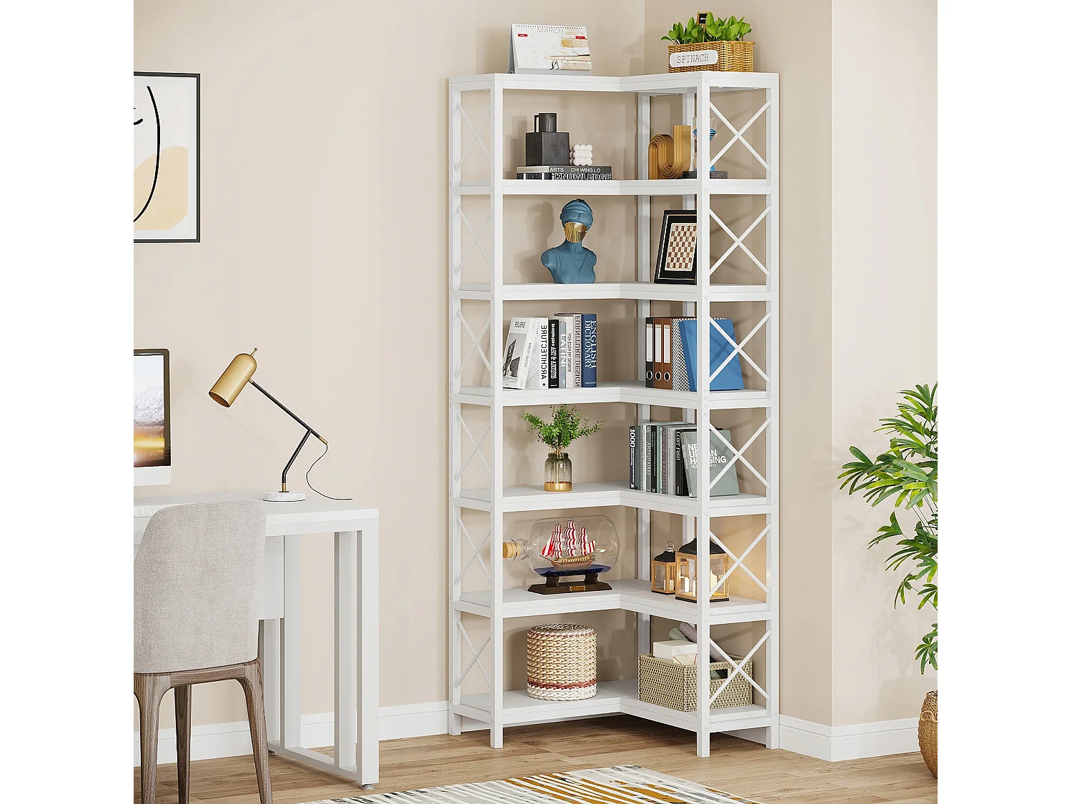 Libreria angolare moderna a 7 ripiani con struttura in metallo per soggiorno, casa e ufficio (bianca)
