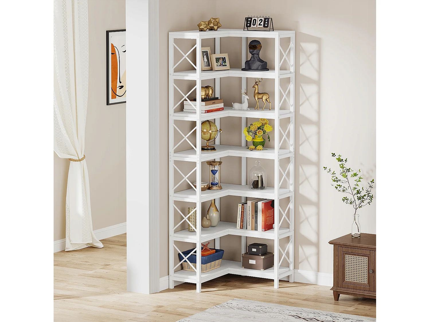 Grande bibliothèque d'angle moderne à 7 étagères avec cadre en métal pour salon, maison et bureau (blanc)