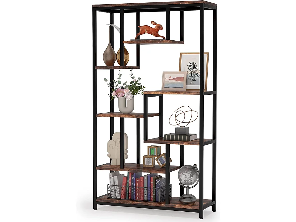 Industriële boekenkast met 8 niveaus - 100 x 30 x 180 cm - Vrijstaande boekenkast voor woonkamer, kantoor - Bruin