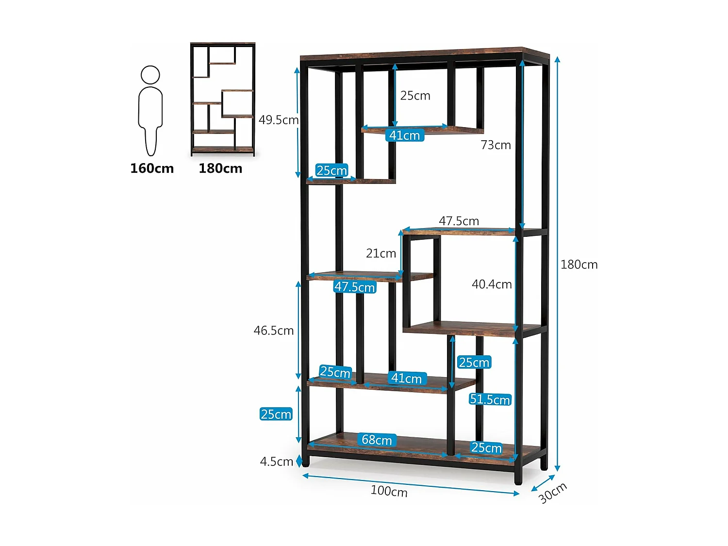Industriële boekenkast met 8 niveaus - 100 x 30 x 180 cm - Vrijstaande boekenkast voor woonkamer, kantoor - Bruin