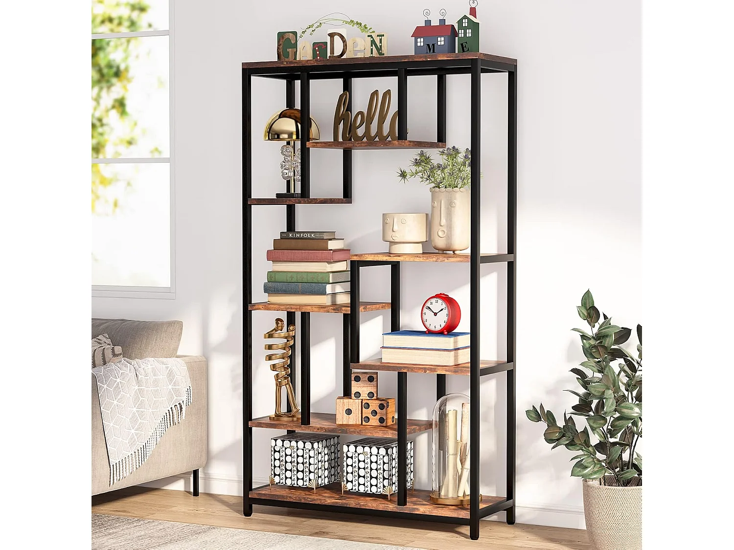 Industriële boekenkast met 8 niveaus - 100 x 30 x 180 cm - Vrijstaande boekenkast voor woonkamer, kantoor - Bruin