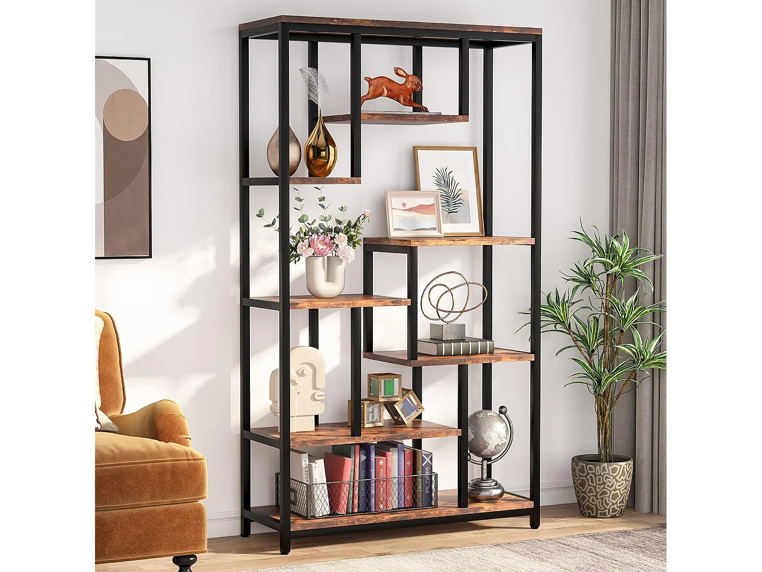 Industriële boekenkast met 8 niveaus - 100 x 30 x 180 cm - Vrijstaande boekenkast voor woonkamer, kantoor - Bruin