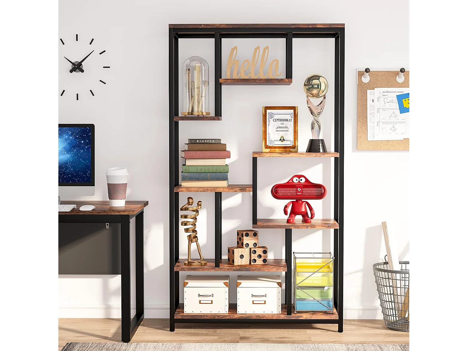Industriële boekenkast met 8 niveaus - 100 x 30 x 180 cm - Vrijstaande boekenkast voor woonkamer, kantoor - Bruin