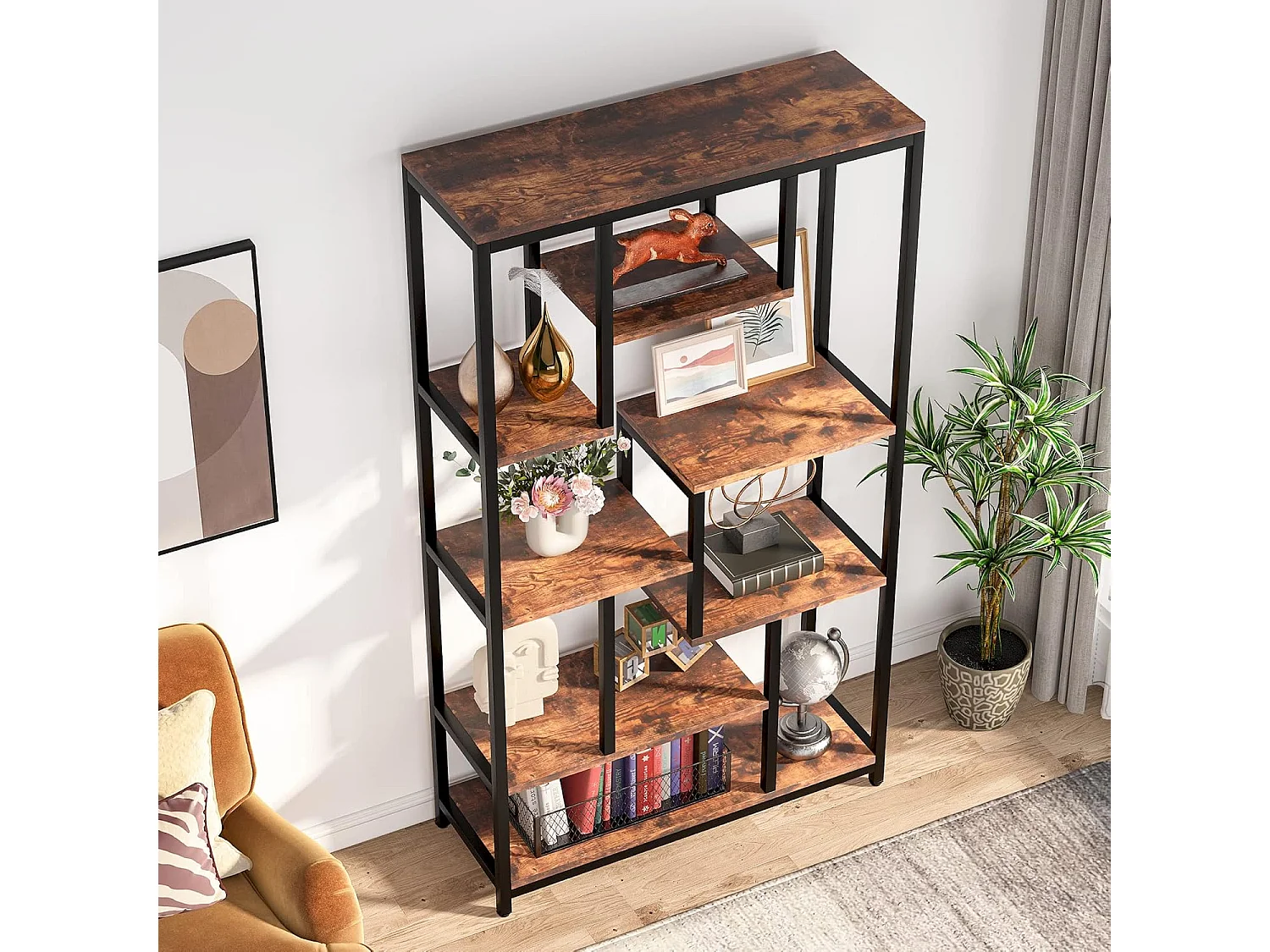 Industriële boekenkast met 8 niveaus - 100 x 30 x 180 cm - Vrijstaande boekenkast voor woonkamer, kantoor - Bruin