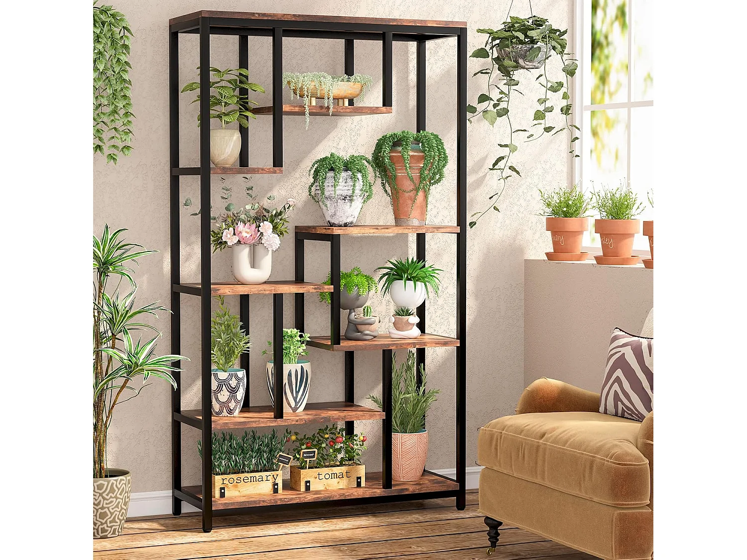 Industriële boekenkast met 8 niveaus - 100 x 30 x 180 cm - Vrijstaande boekenkast voor woonkamer, kantoor - Bruin
