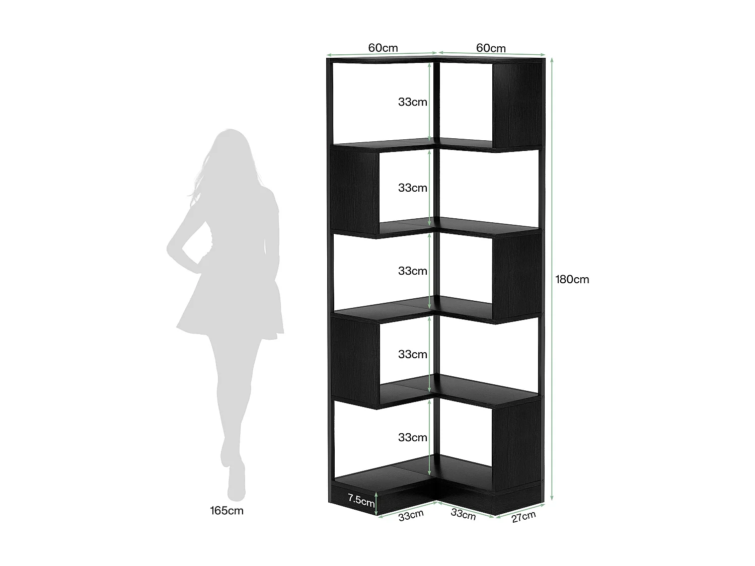 Bibliothèque d'angle 180 cm, bibliothèque sur Pied à 6 Niveaux, Grande étagère d'angle avec Cadre en métal
