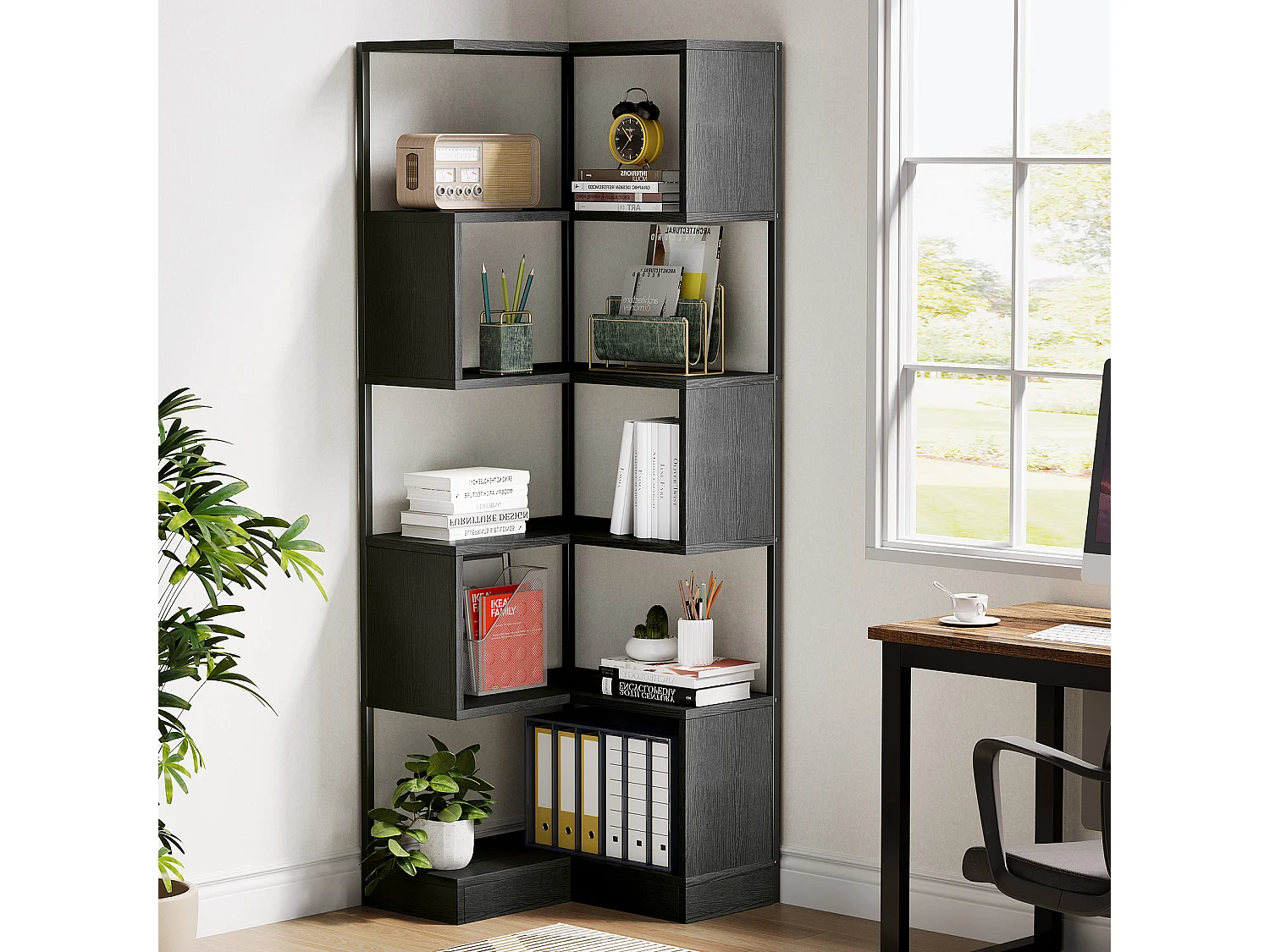 Bibliothèque d'angle 180 cm, bibliothèque sur Pied à 6 Niveaux, Grande étagère d'angle avec Cadre en métal