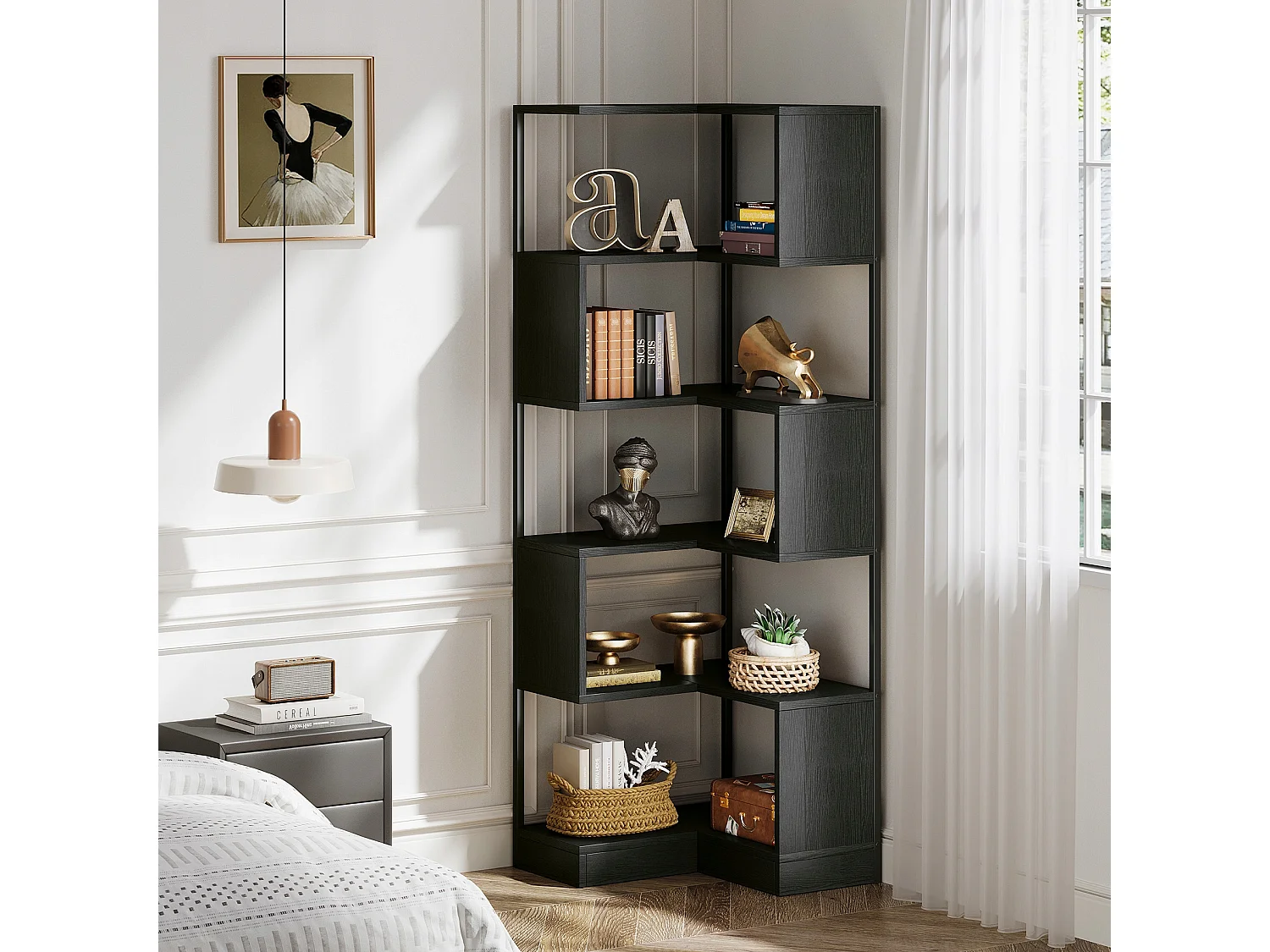 Bibliothèque d'angle 180 cm, bibliothèque sur Pied à 6 Niveaux, Grande étagère d'angle avec Cadre en métal