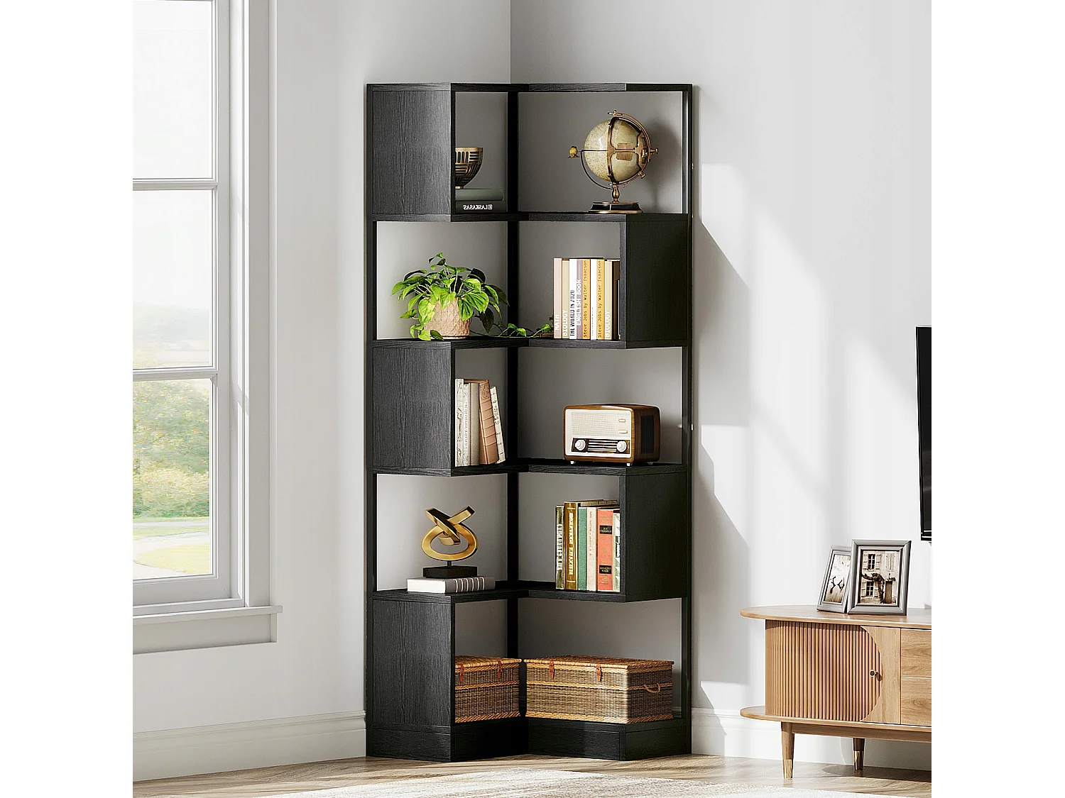 Bibliothèque d'angle 180 cm, bibliothèque sur Pied à 6 Niveaux, Grande étagère d'angle avec Cadre en métal