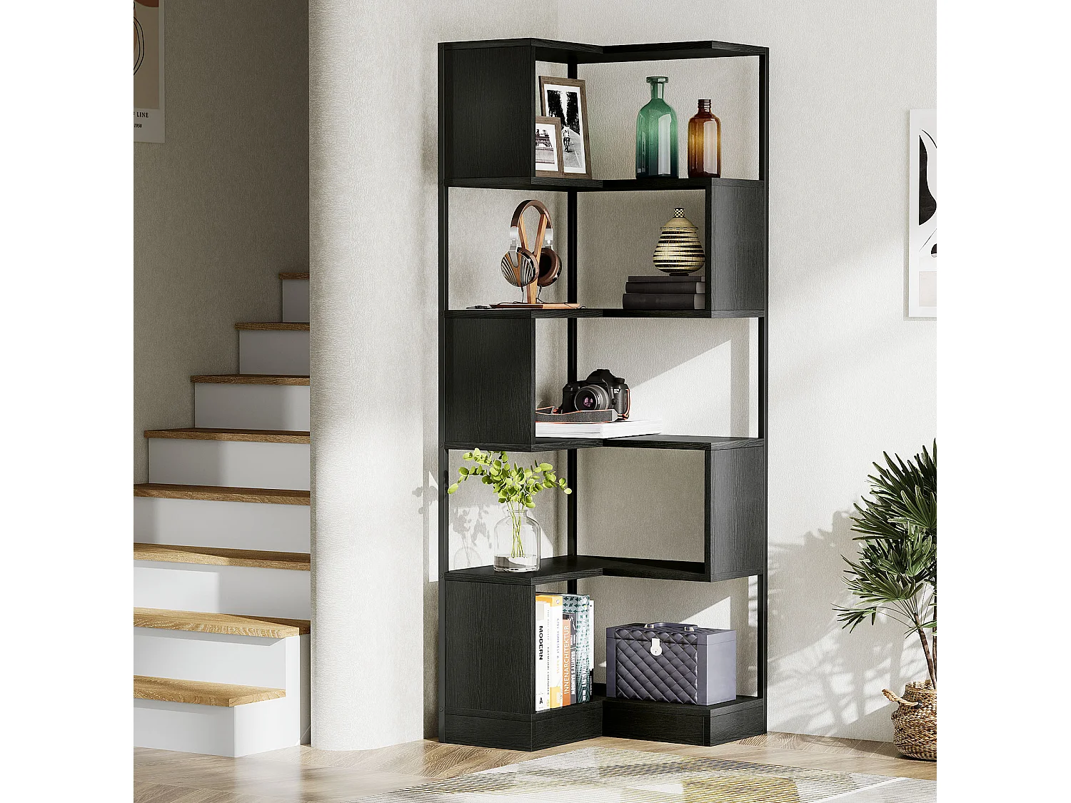 Bibliothèque d'angle 180 cm, bibliothèque sur Pied à 6 Niveaux, Grande étagère d'angle avec Cadre en métal